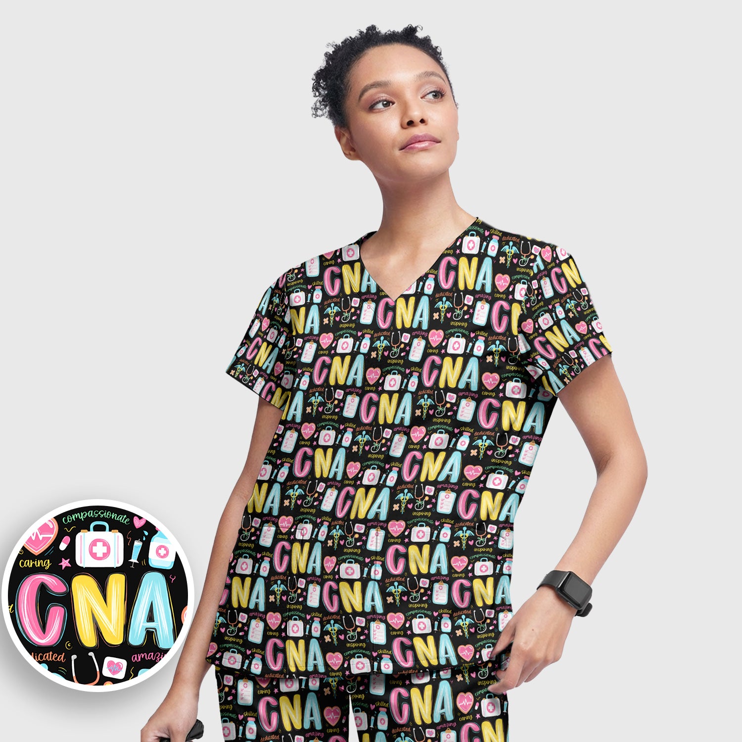 CNA Nurse Appreciation Pattern Scrub Set, Breathable Med Uniform