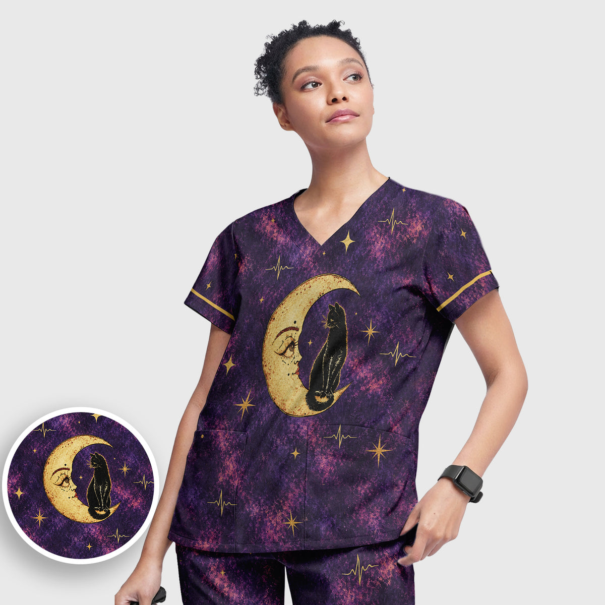 Celestial Nurse Black Cat Crescent Moon Scrub Set, Scrub Pants and V Neck Top