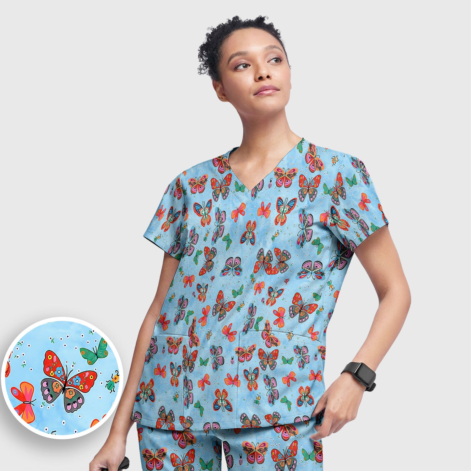 Colorful Butterfly Garden Pattern Scrub Set, Scrub Pants and V Neck Top