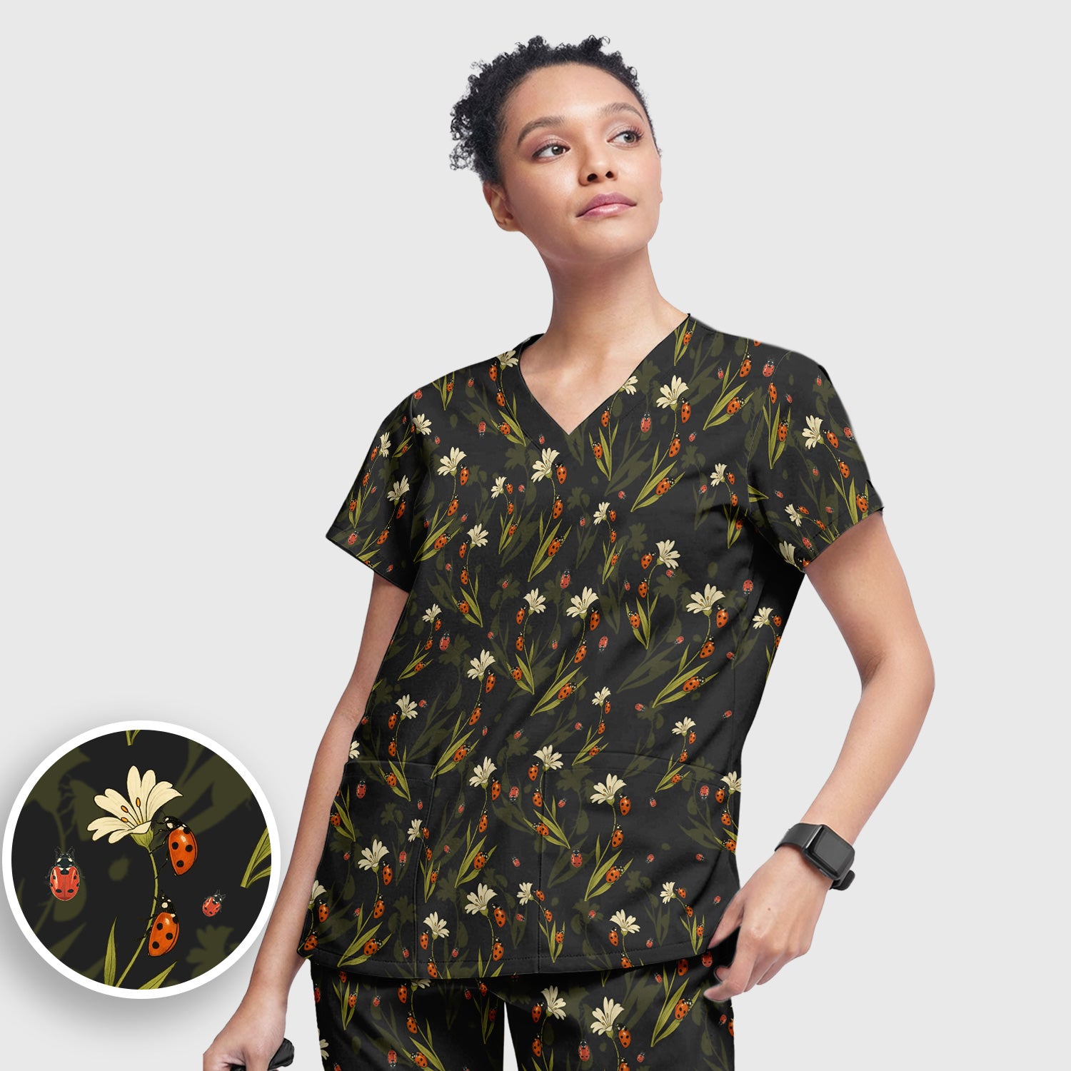 Fresh Daisy Ladybug Garden Pattern Scrub Set, Nurse Uniform Scrubs Set