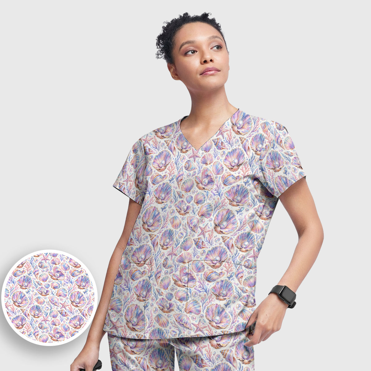 Pastel Seashell And Pearl Pattern Scrub Set, Scrub Pants and V Neck Top