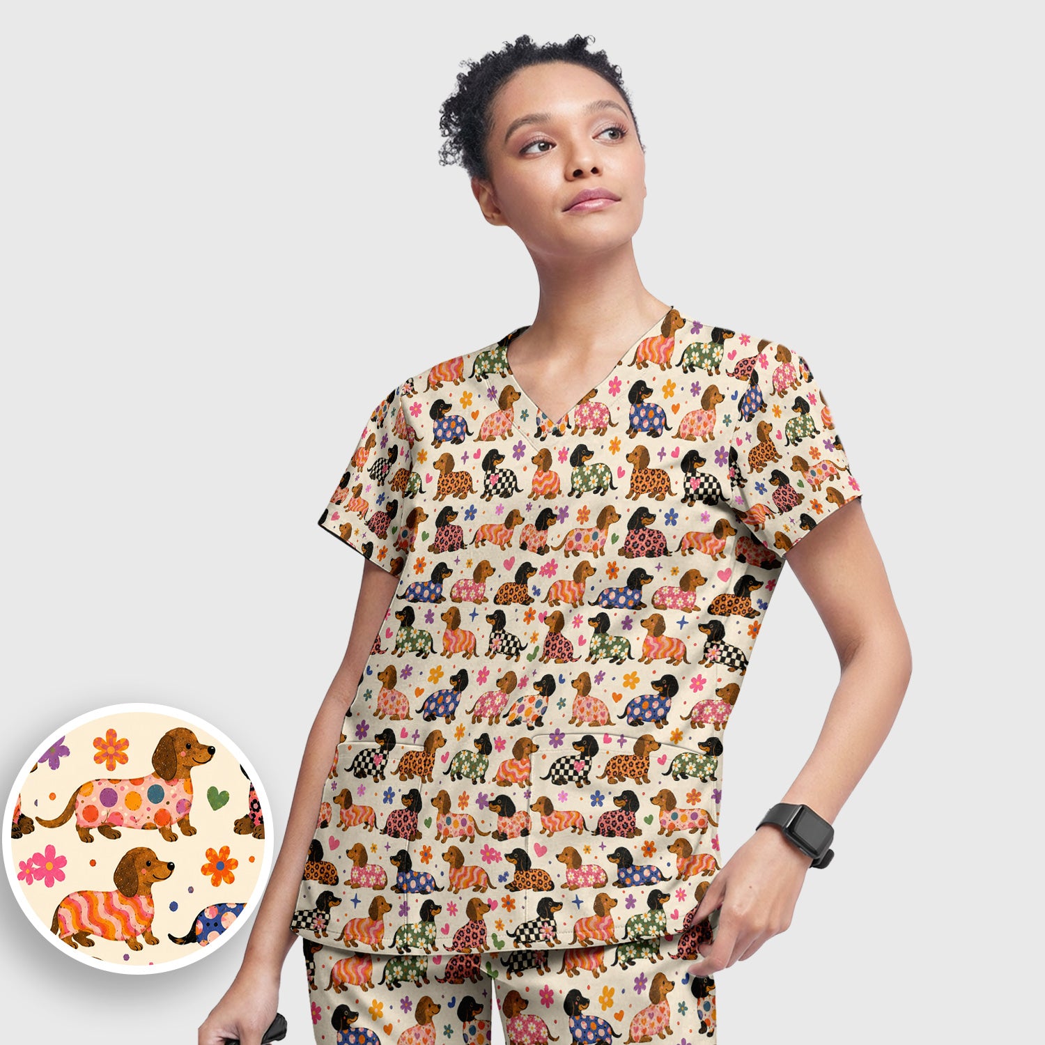 Floral Dachshund Print Scrub Set, Scrub Pants and V Neck Top