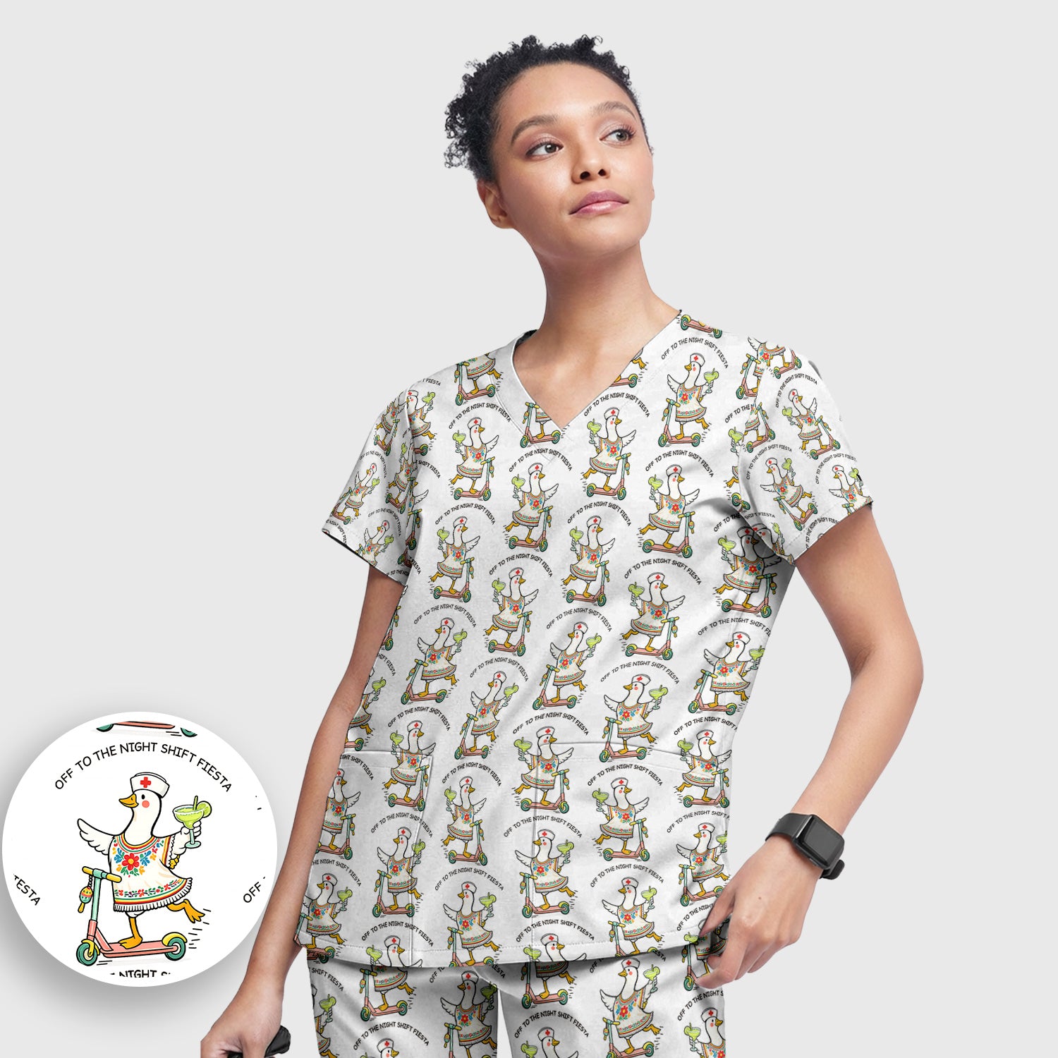 Funny Duck Scooter Night Shift Fiesta Scrub Set, Scrub Pants and V Neck Top