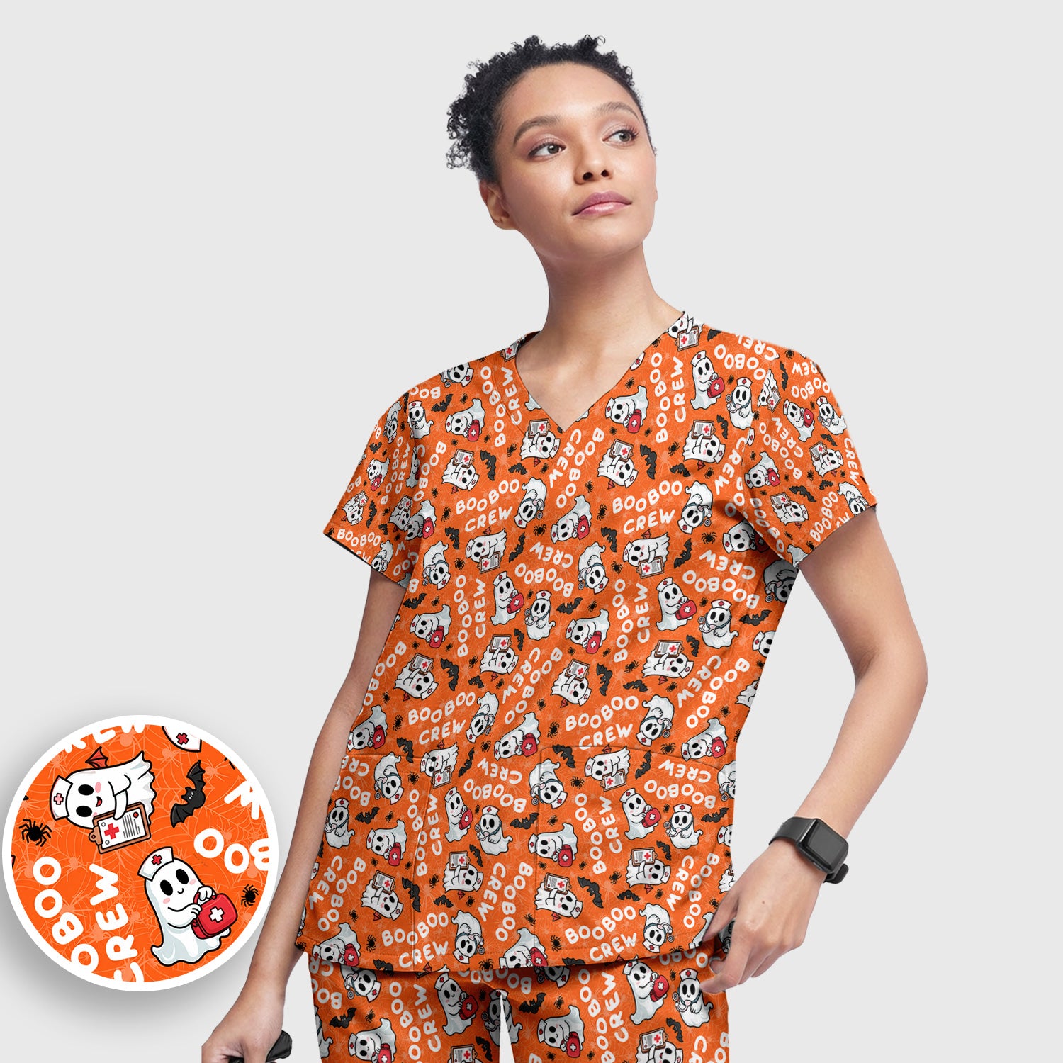 Cute Halloween Boo Boo Crew Ghost Scrub Set, Scrub Pants and V Neck Top