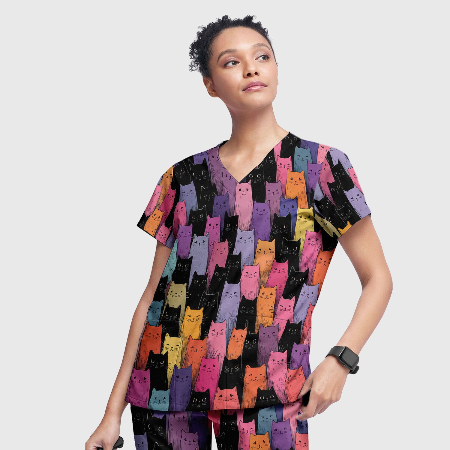 Colorful Cat Art Medical Pattern Scrub Set, Scrub Pants and V Neck Top
