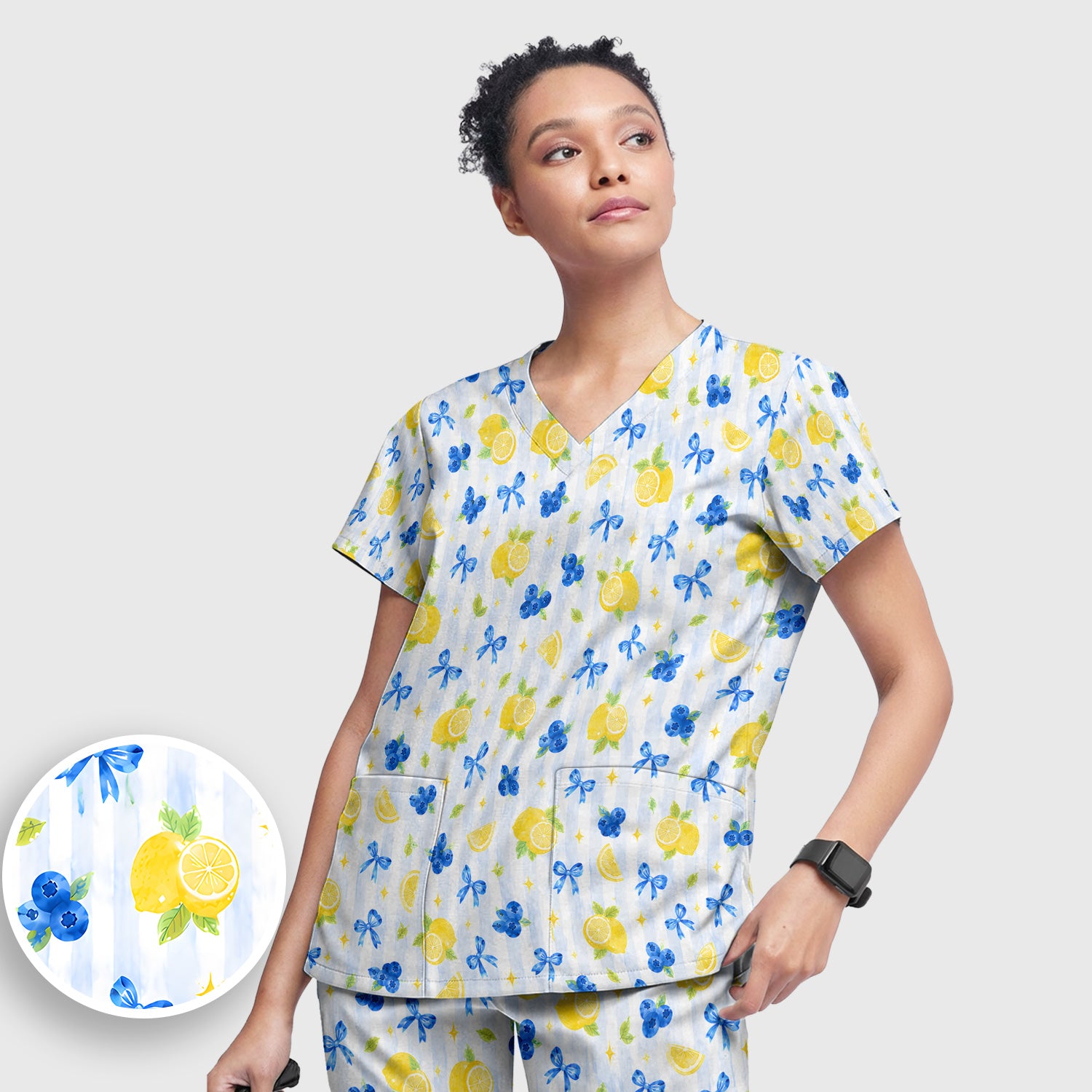 Lemon Blueberry Bow Nurse Print Scrub Set, Scrub Pants and V Neck Top