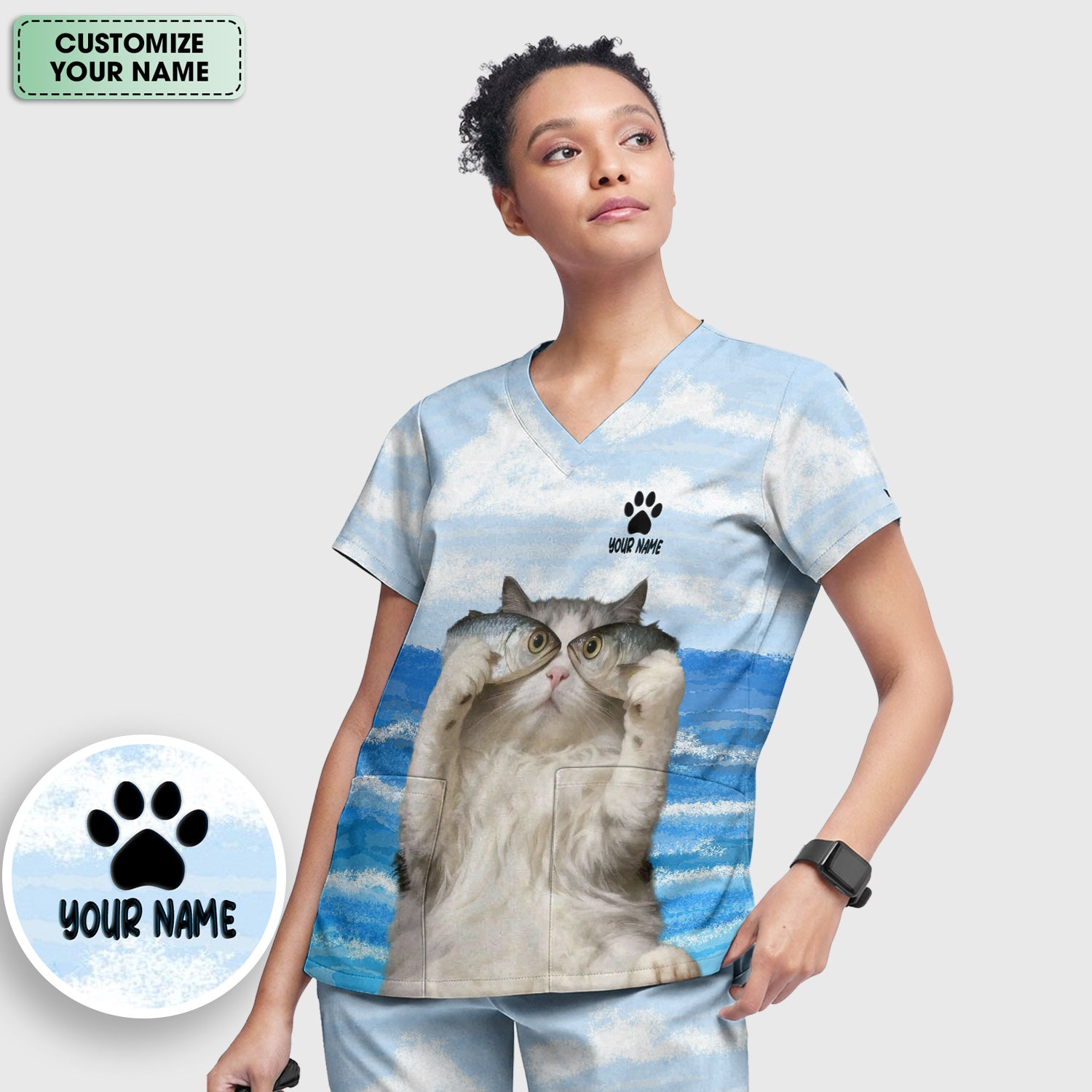 Personalized Cat Holding Fish Pattern Nurse Scrub Set, Scrub Pants and V Neck Top