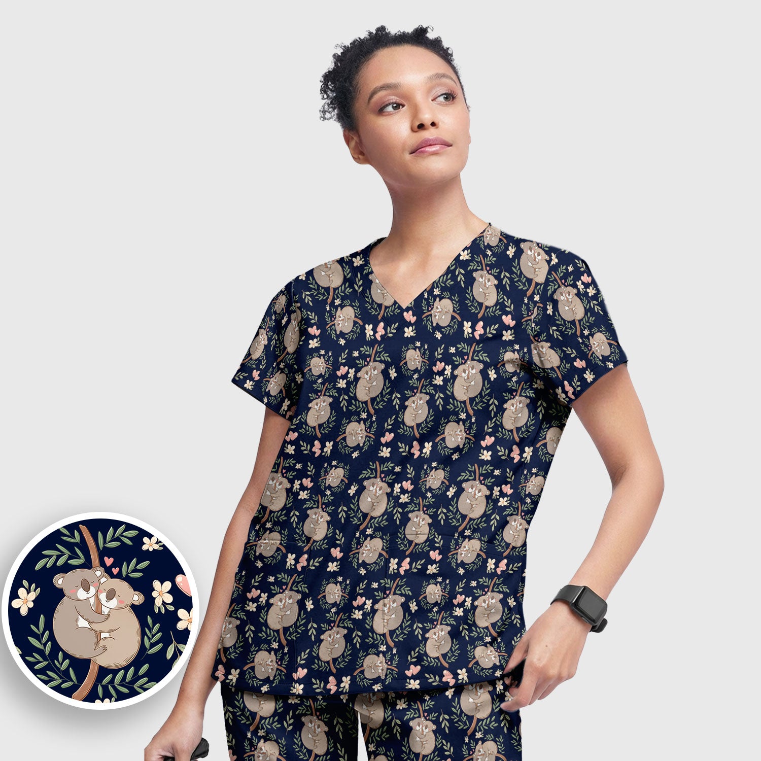 Cute Koala Couple Floral Medical Print Scrub Set, Women's Scrub Sets