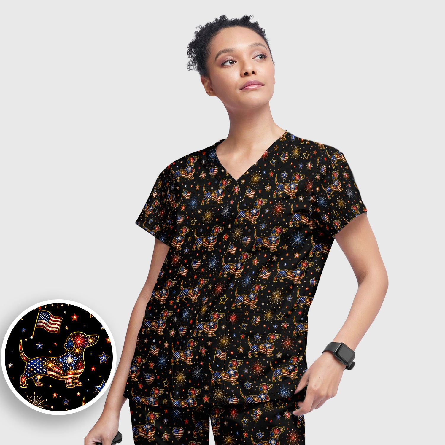 Patriotic Dachshund Nurse for RN & CNA, Fireworks Dog Lover Healthcare Uniform Scrub Set, Scrub Pants and V Neck Top