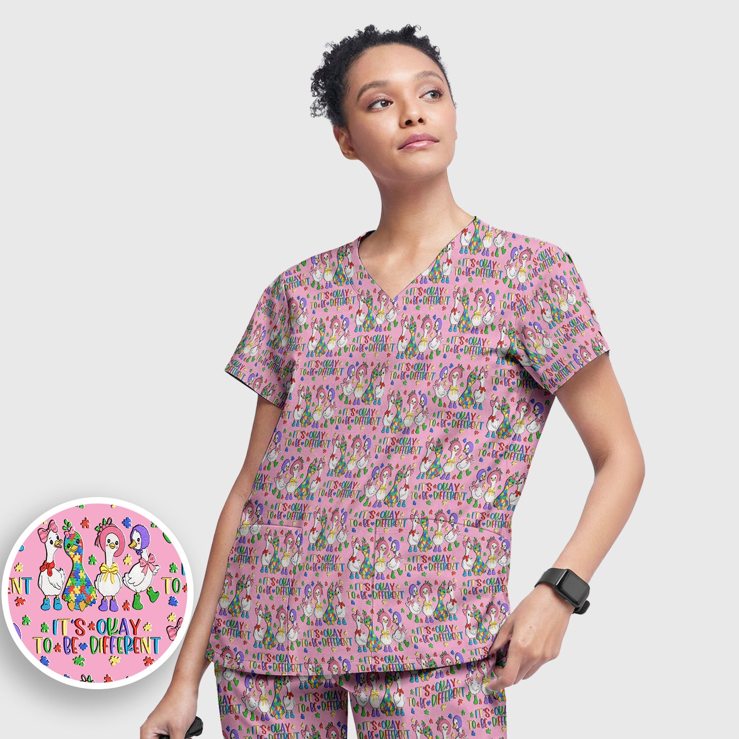 It’s Okay To Be Different Duck Pattern Scrub Set, Nurse Uniform Scrubs Set