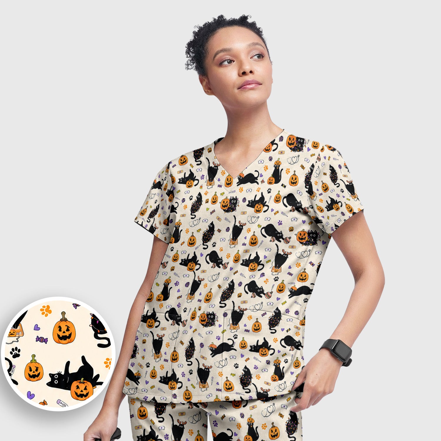 Pumpkin Black Cat Pattern Scrub Set, Scrub Pants and V Neck Top