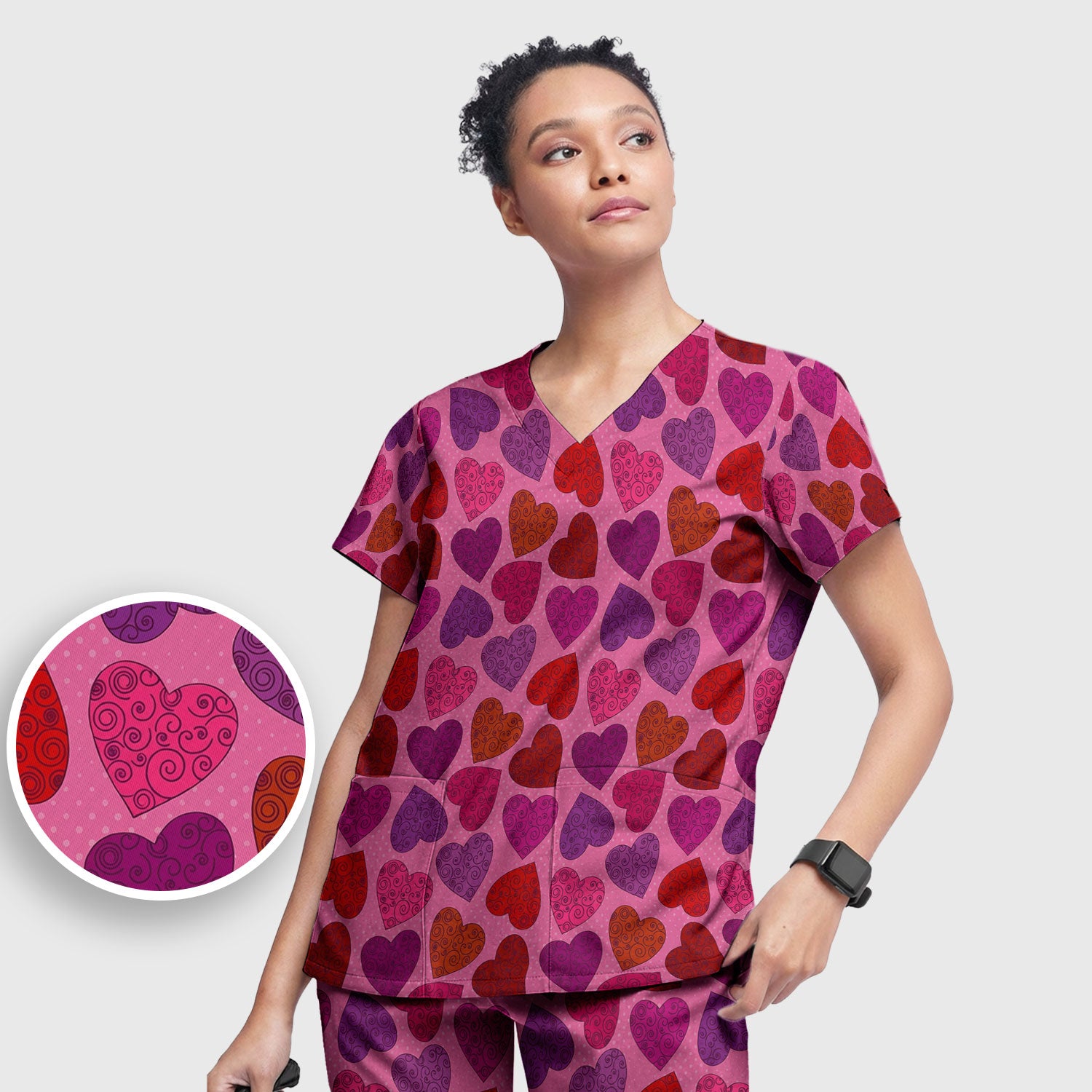 Women’s Pink Heart Scrub Set, Valentine Heart Pattern Nurse Shirt, Comfortable Scrubs For Nursing