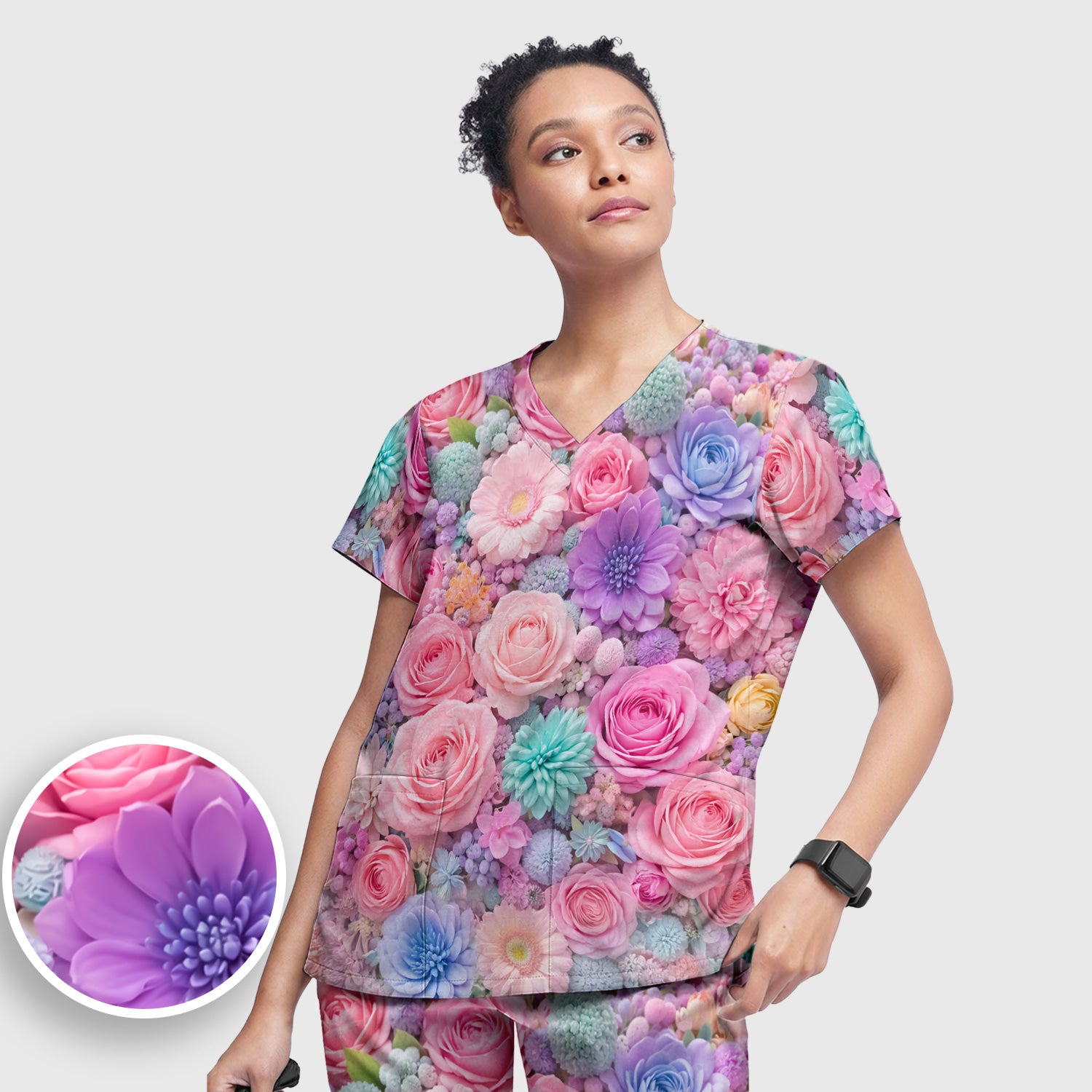 Pastel Floral Dream Scrub Set, Pink Rose Candy Color Nursing Uniform Set, V-Neck Top & Pants