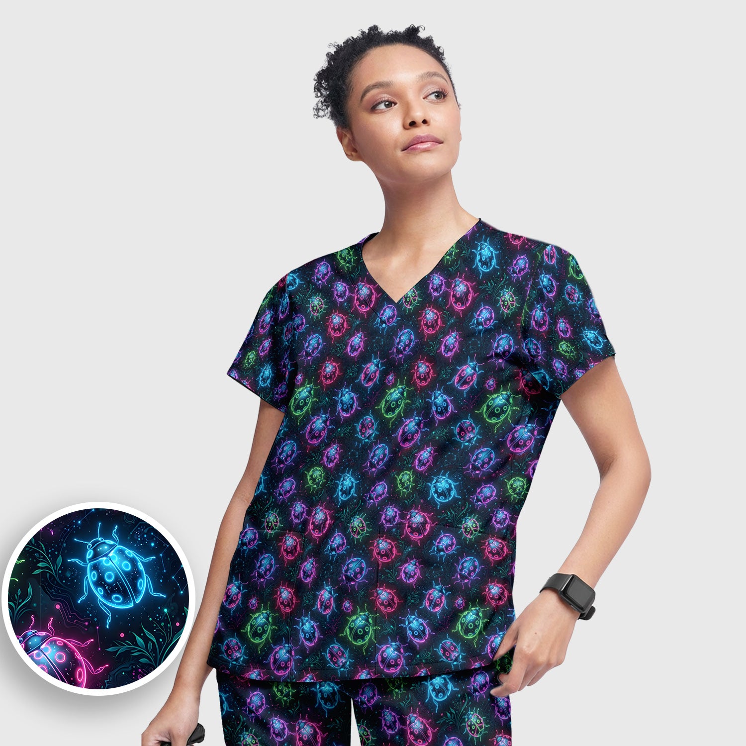 Colorful Neon Ladybug Pattern Scrub Set, Scrub Pants and V Neck Top