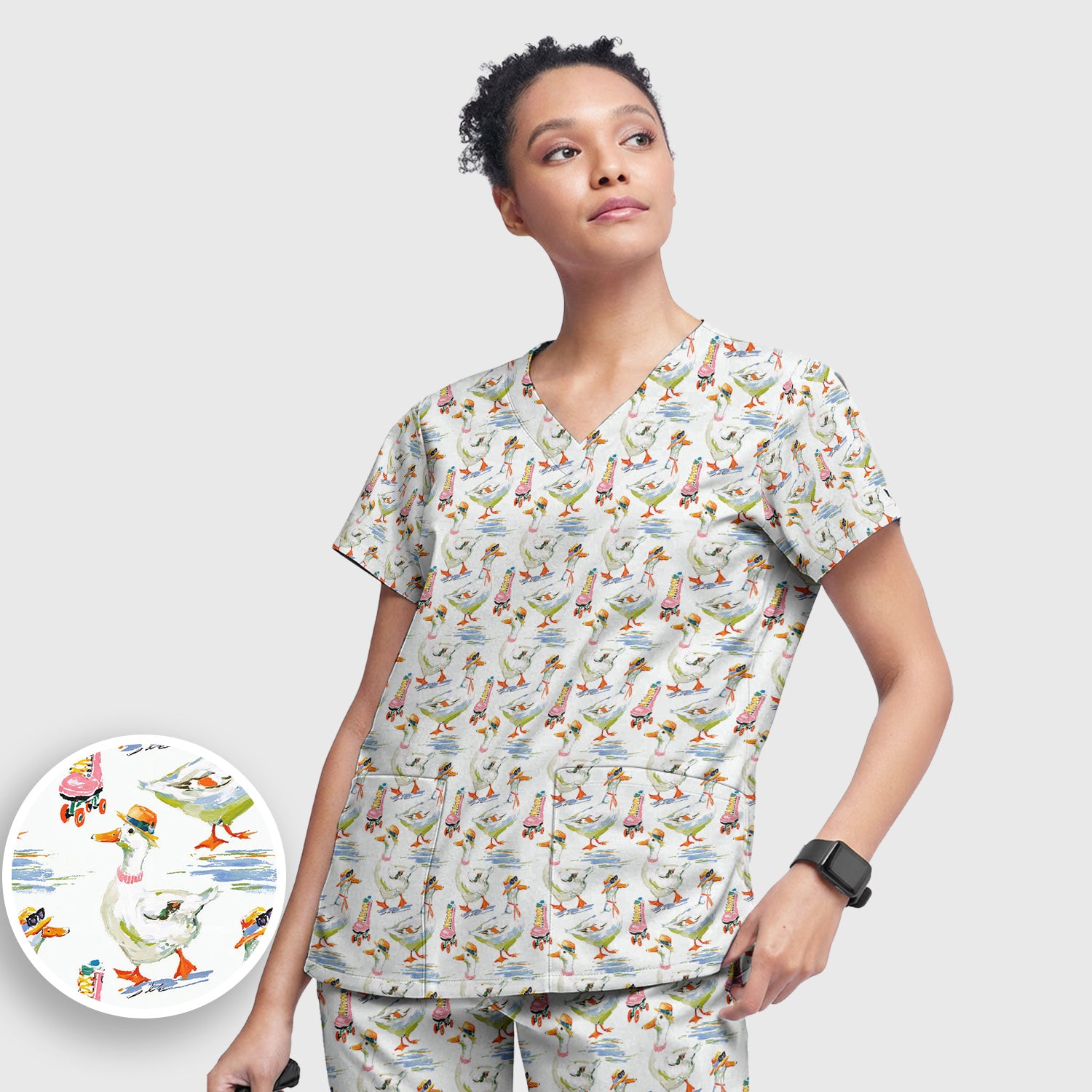 Roller Skating Goose Nurse Pattern Scrub Set, Scrub Pants and V Neck Top