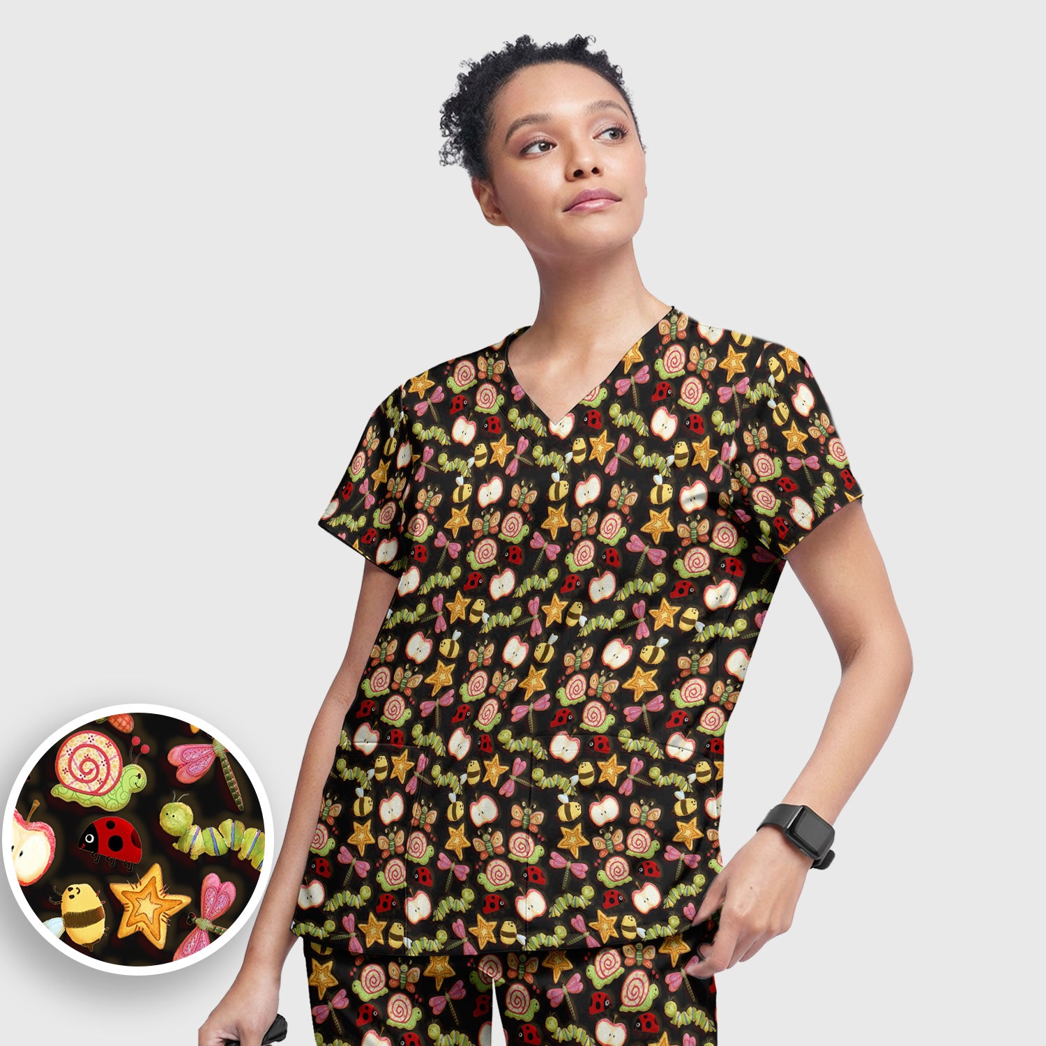 Cute Nurse Snail Ladybug Caterpillar Apple Garden Pattern Scrub Set, Breathable Med Uniform