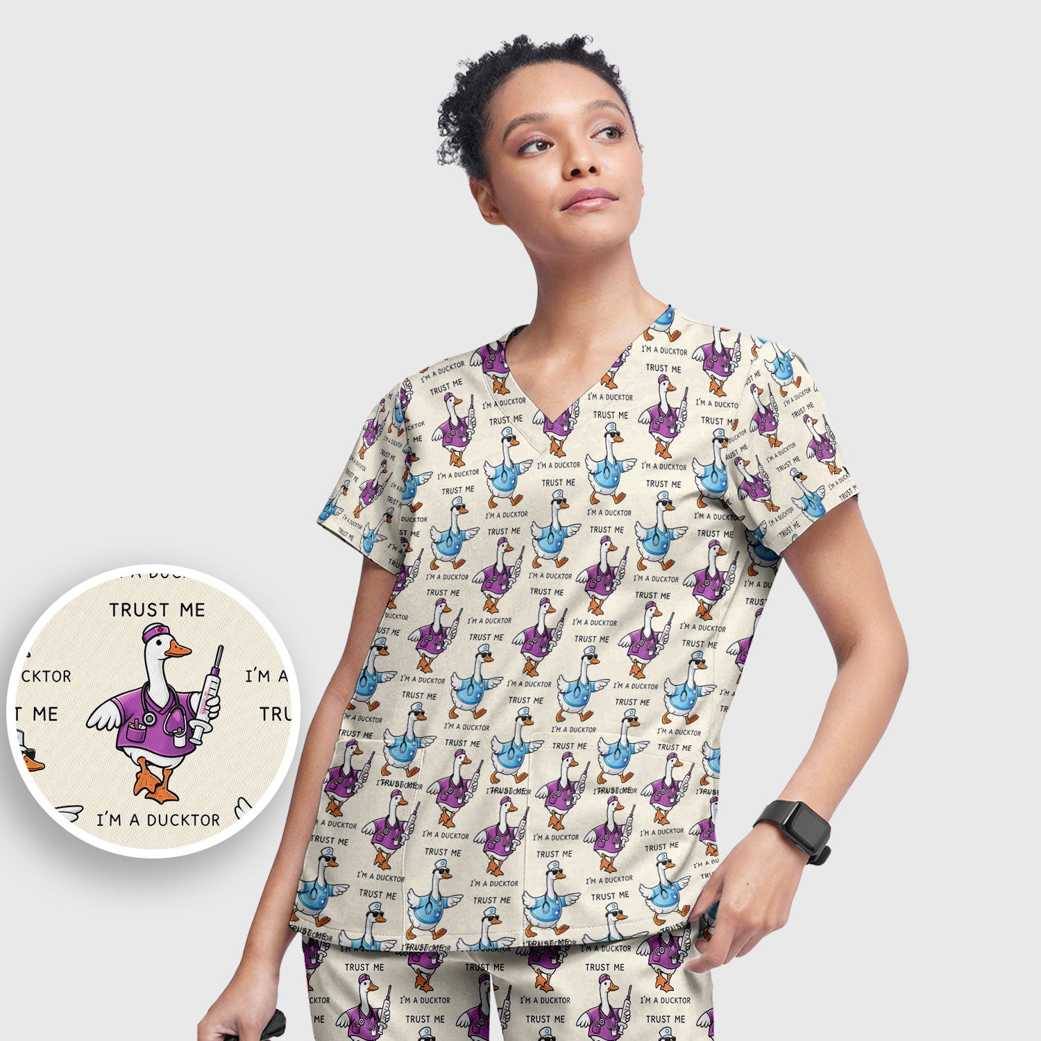Funny Duck Cartoon Medical Pattern Scrub Set, Scrub Pants and V Neck Top