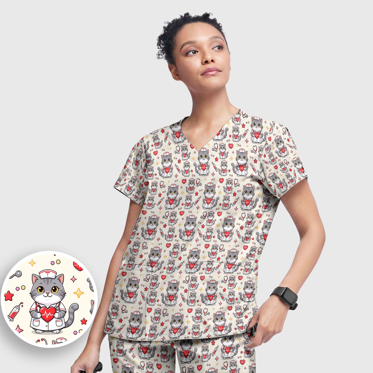 Cute Nurse Cat Heart Medical Print Scrub Set, Scrub Pants and V Neck Top
