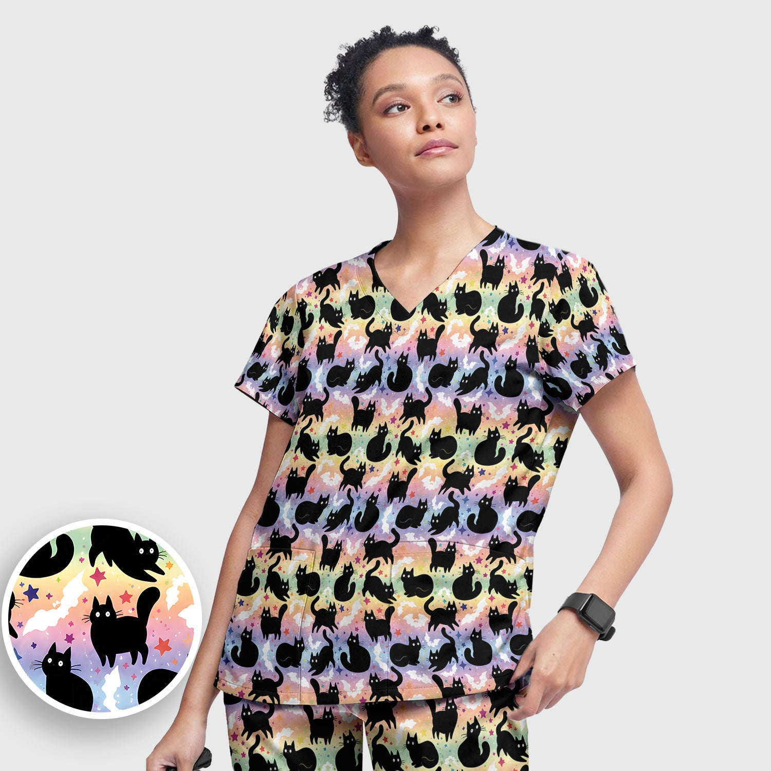 Pastel Star Black Cat Pattern Scrub Set, Scrub Pants and V Neck Top