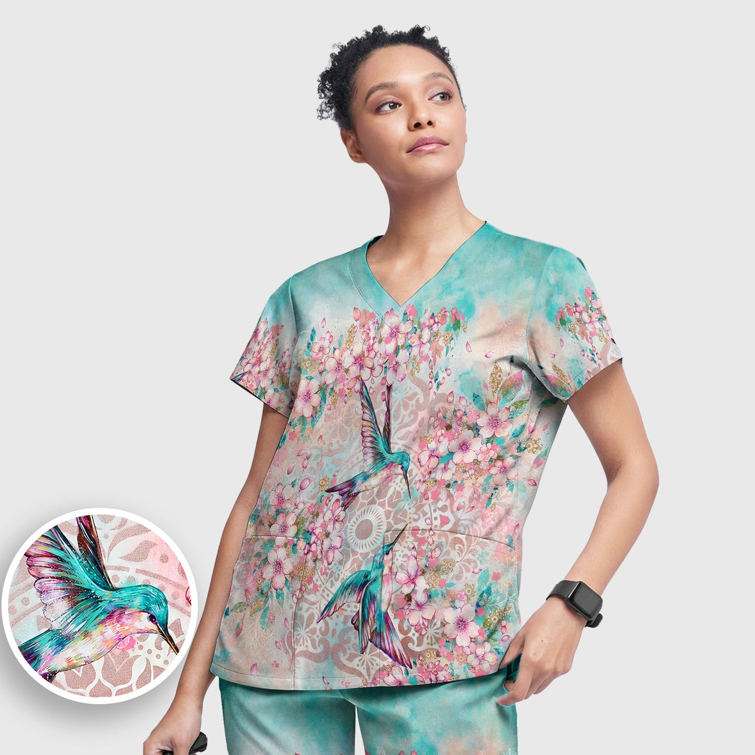Charming Hummingbird Cherry Blossom Pattern Scrub Set, Scrub Pants and V Neck Top