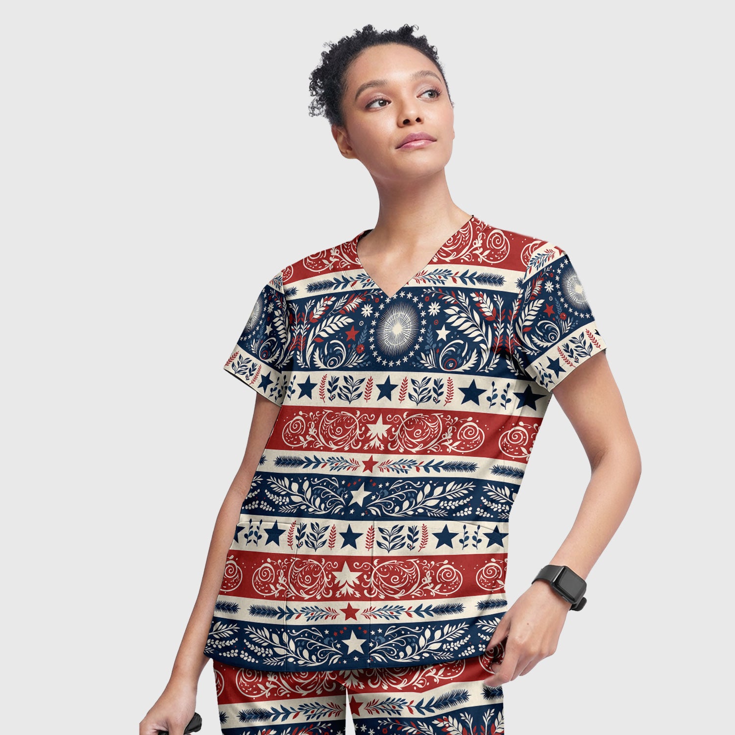 Patriotic Americana Starburst Floral Pattern Scrub Set, Scrub Pants and V Neck Top
