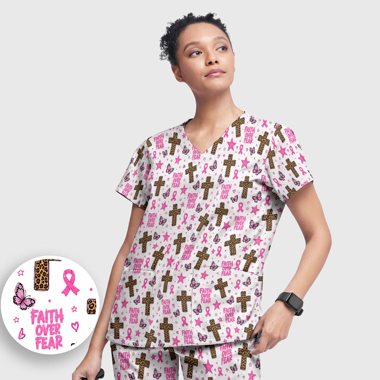 Faith Over Fear Breast Cancer Scrub Set, Scrub Pants and V Neck Top