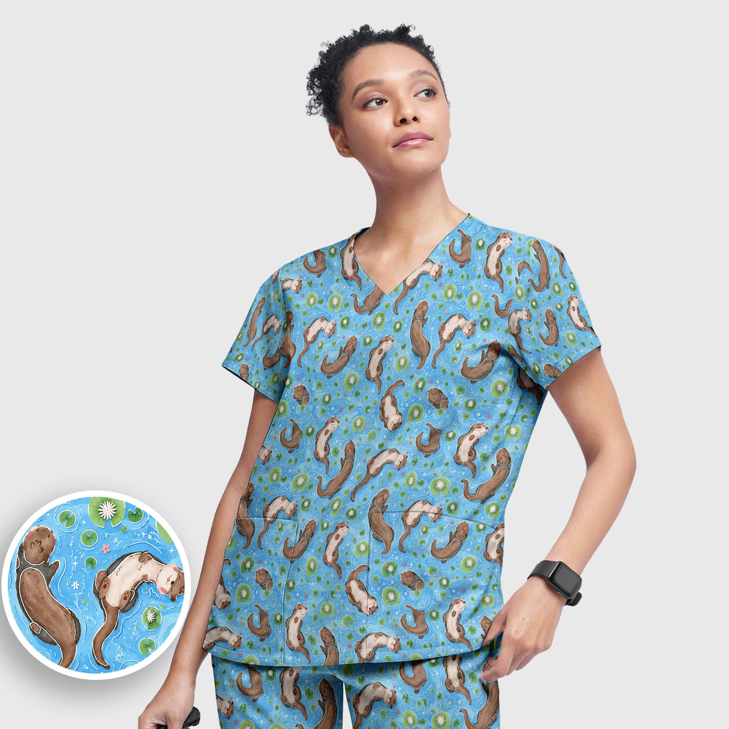 Cute Otter Lily Pond Nurse Print Scrub Set, Scrub Pants and V Neck Top