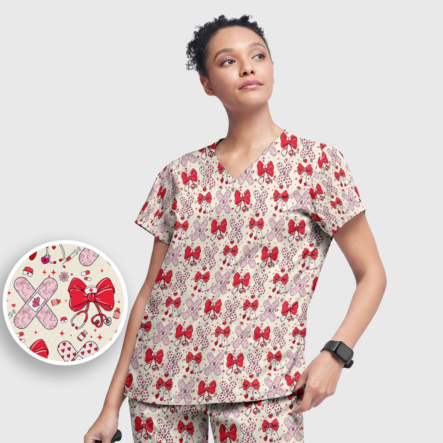 Valentine Nurse Scrub Set, Red Bow And Heart Bandage Pattern Medical Shirt, Breathable Fabrics Nursing Uniform