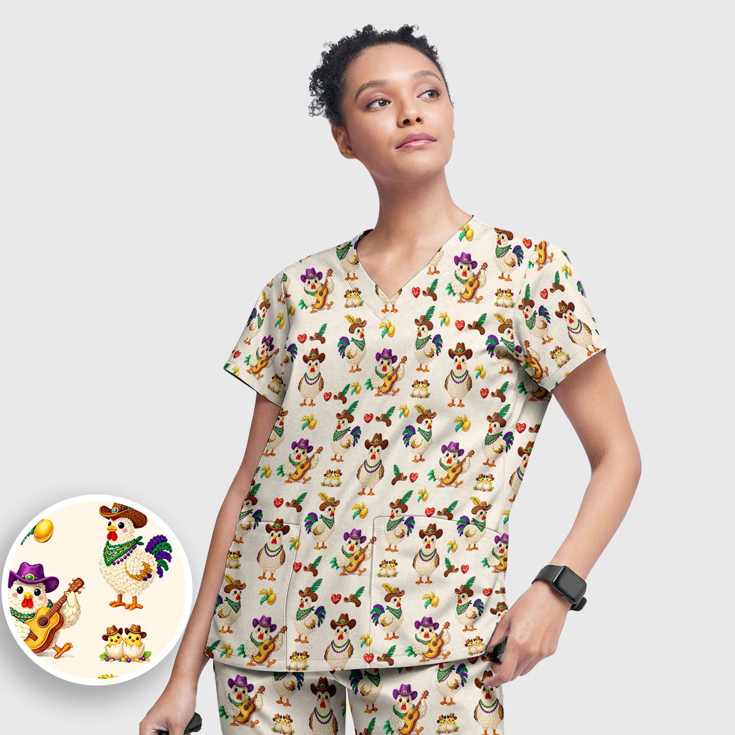 Funny Mardi Gras Rooster Cowboy Print Set, Women's Scrub Sets