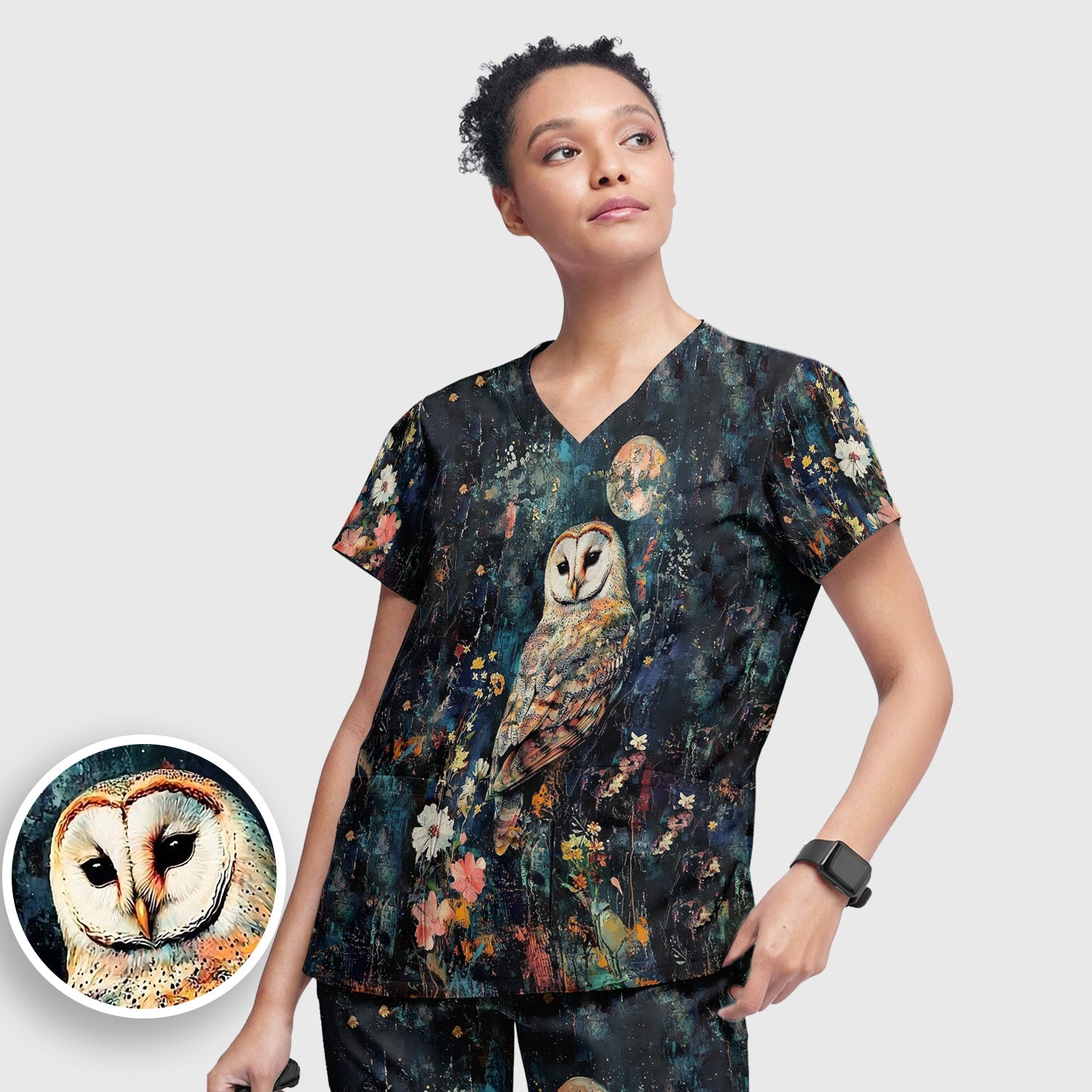 Moonlit Barn Owl Floral Pattern Scrub Set, Scrub Pants and V Neck Top