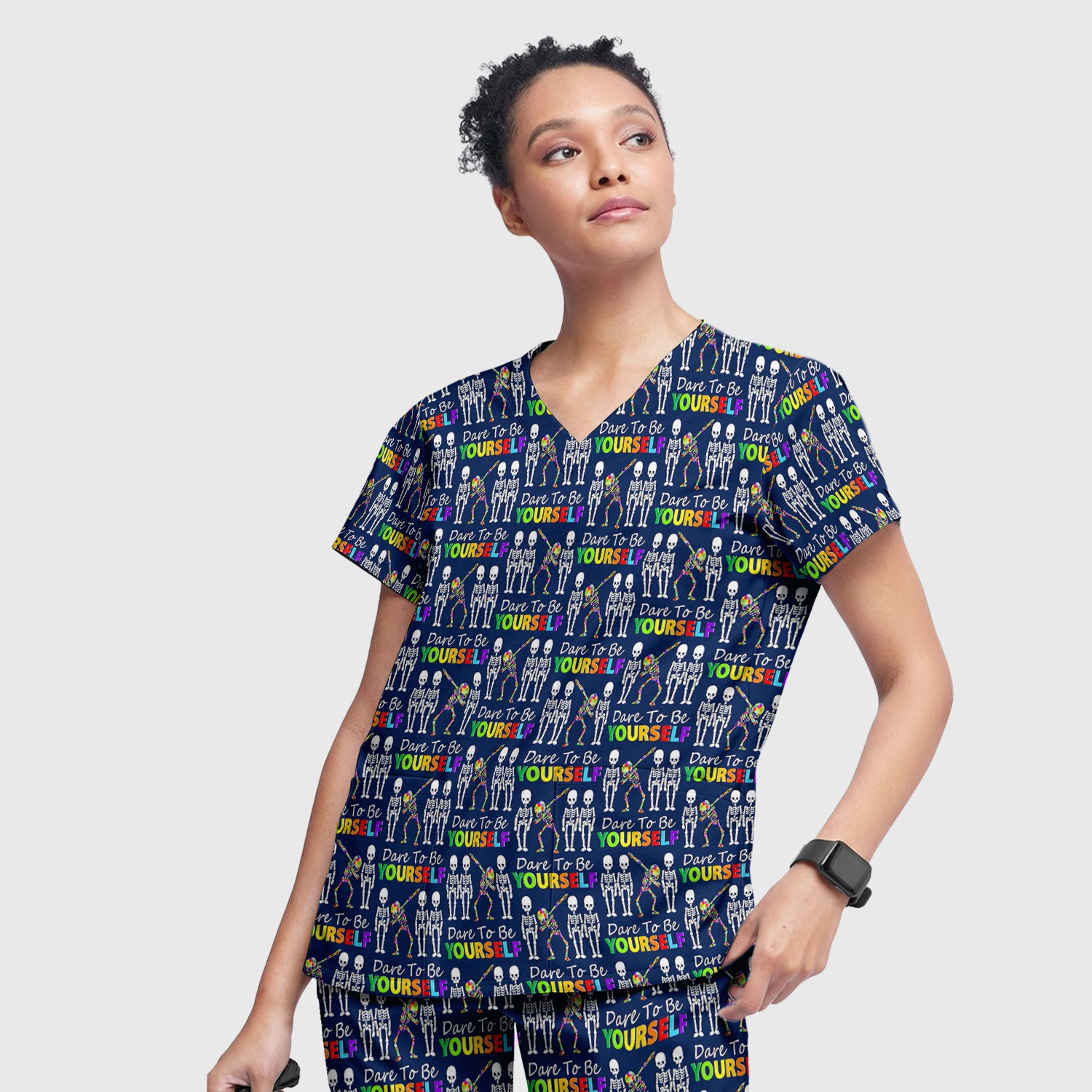 Rainbow Skeleton Dare To Be Yourself Pattern Scrub Sets, Scrub Pants and V Neck Top