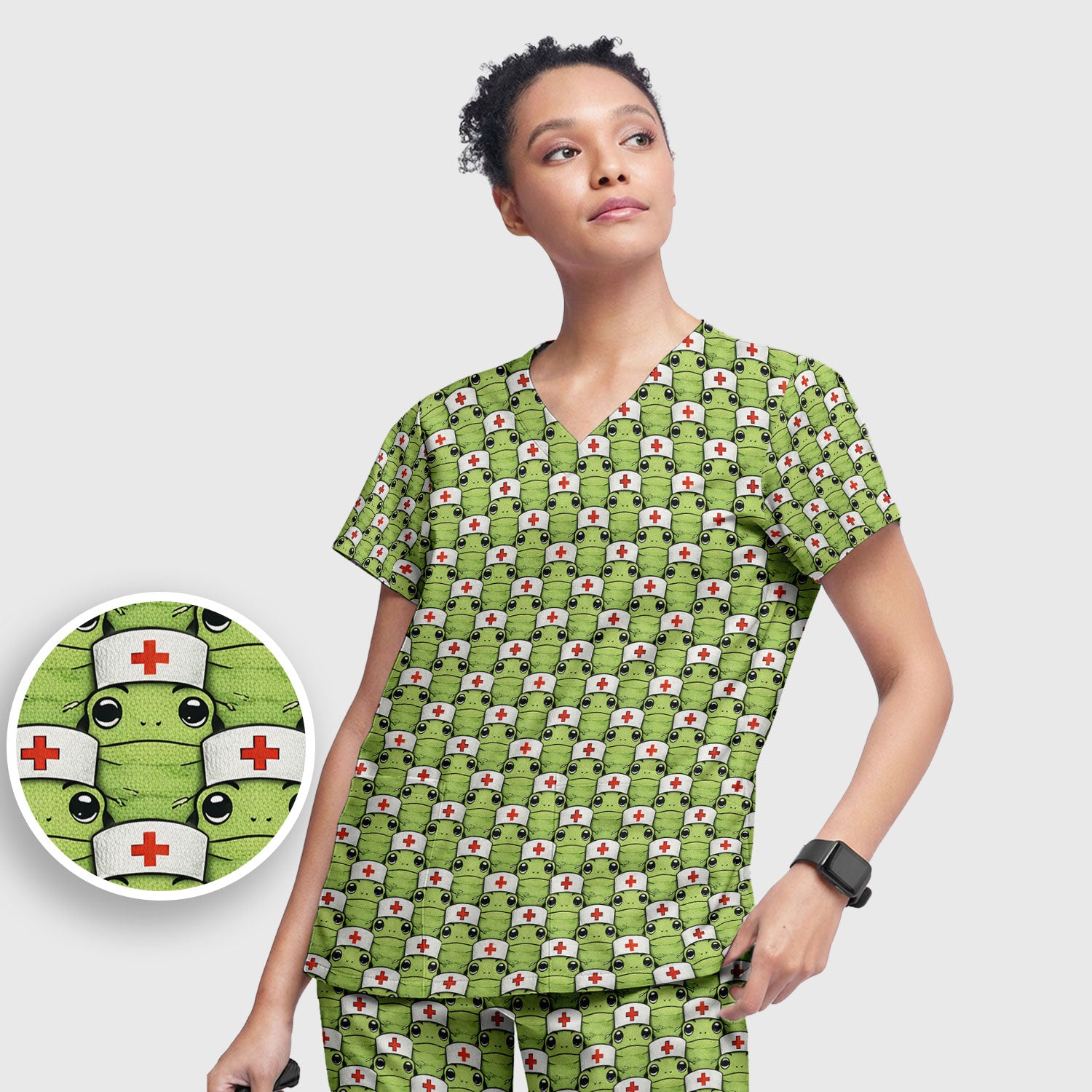 Funny Green Nurse Frog Scrub Set, Scrub Pants and V Neck Top