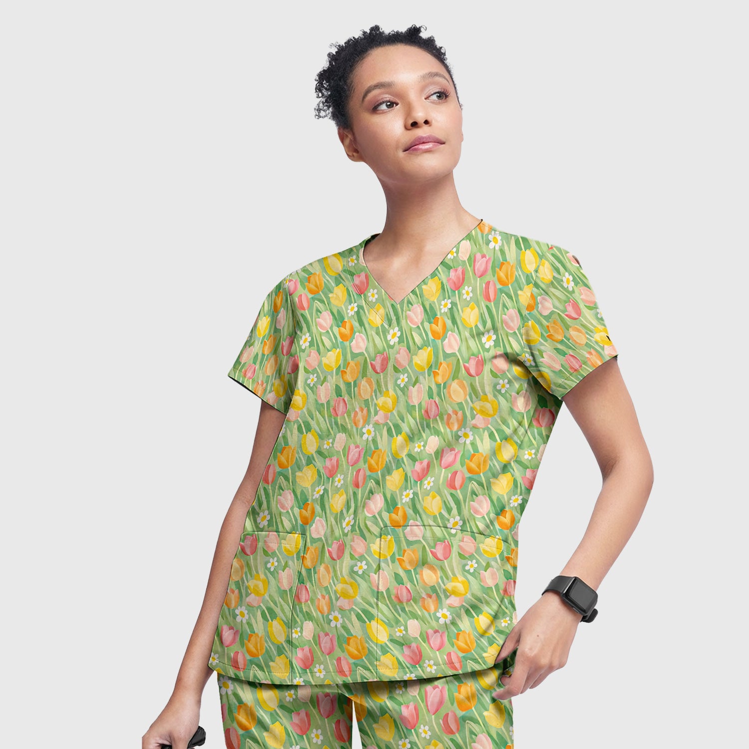 Cheerful Tulip Meadow Print Scrub Set, Women's Scrub Sets