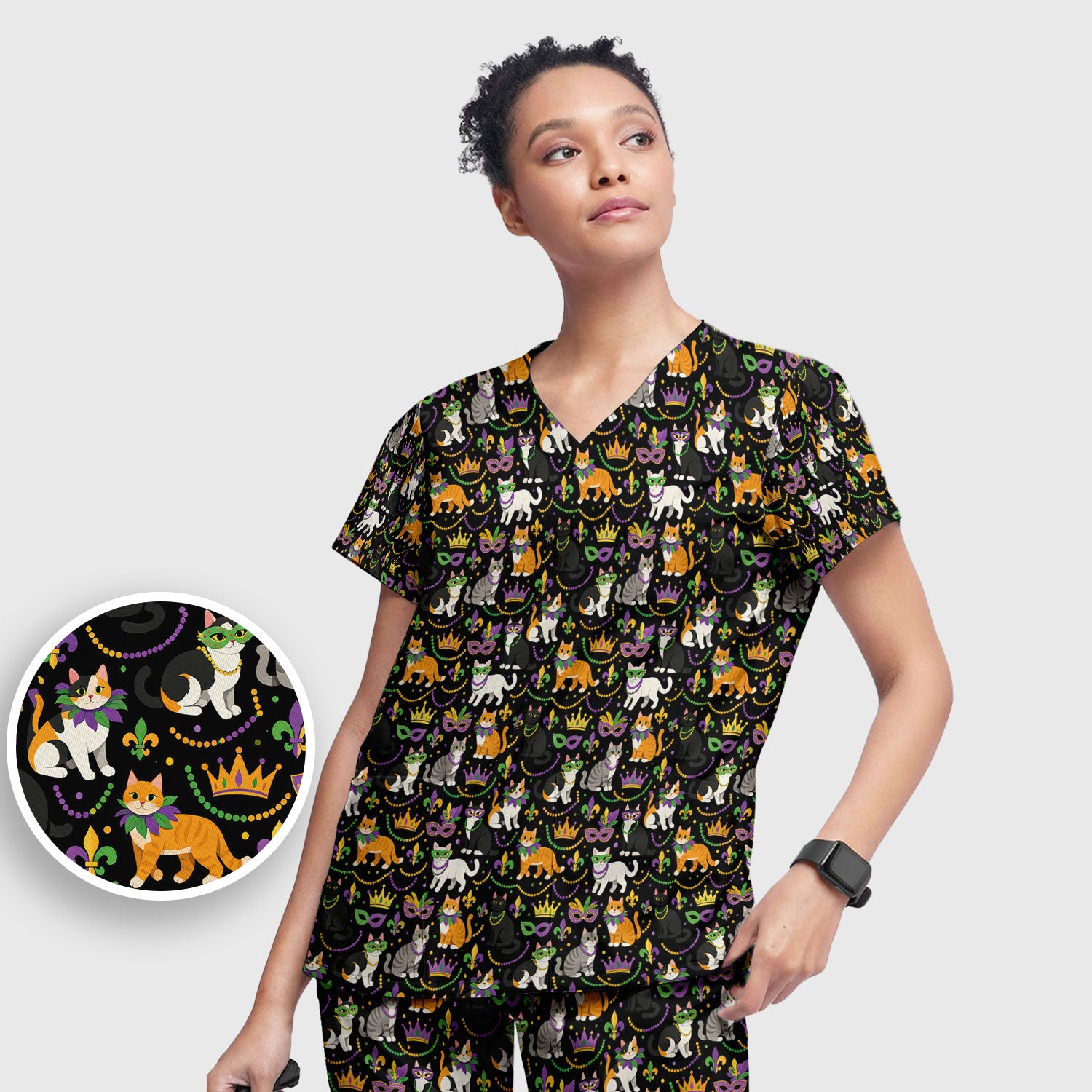 Cat Mardi Gras Nurse Scrub Set, Comfortable Uniform Scrubs For Nursing