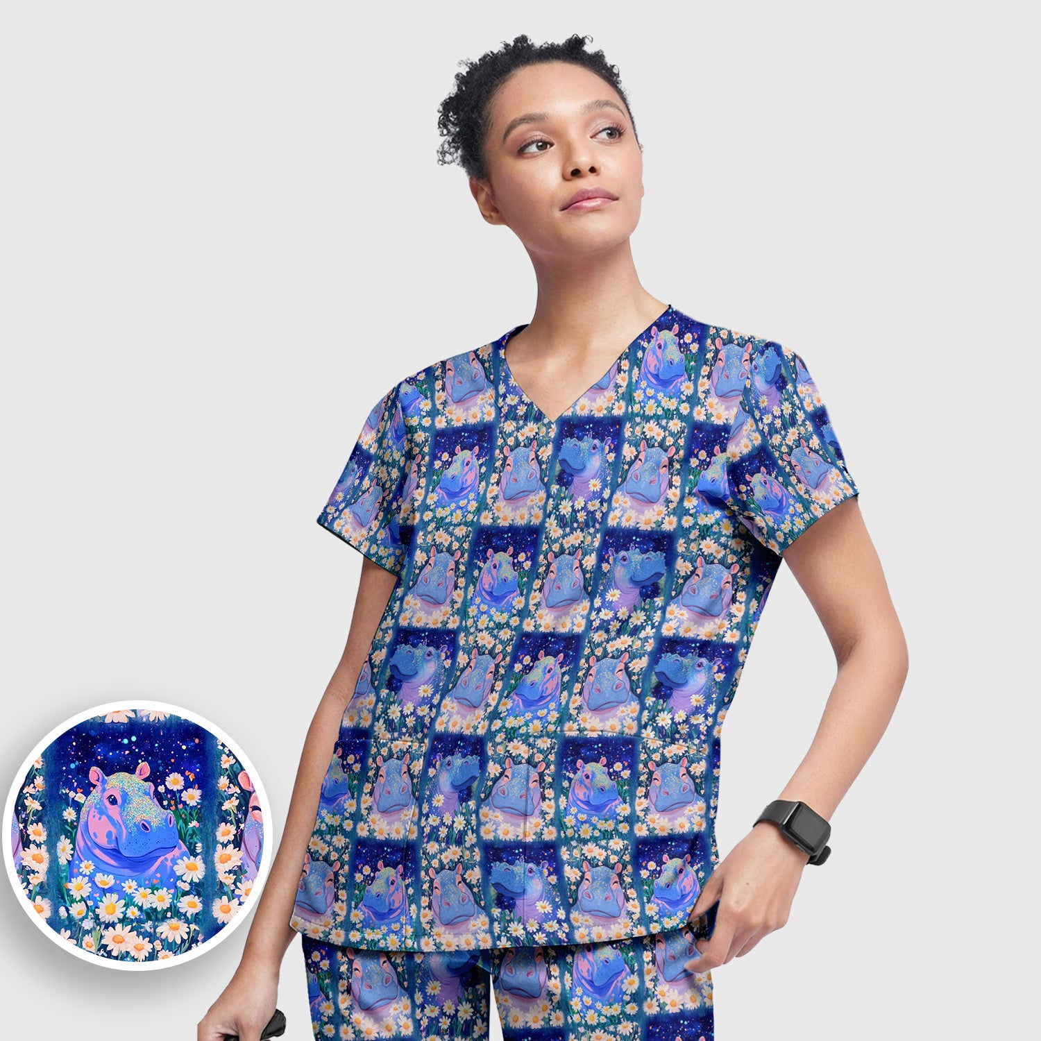Cute Hippo Daisy Floral Patchwork Scrub Set, Scrub Pants and V Neck Top