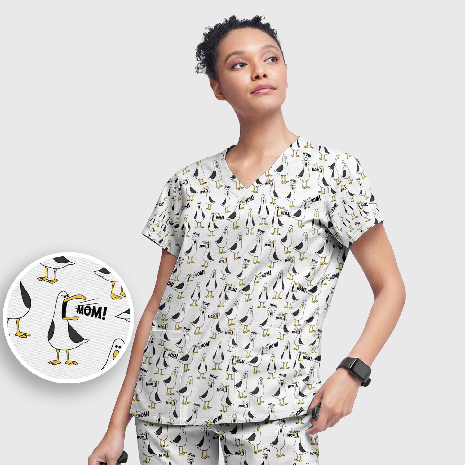 Funny Seagull Mom Seamless Pattern Scrub Set, Scrub Pants and V Neck Top