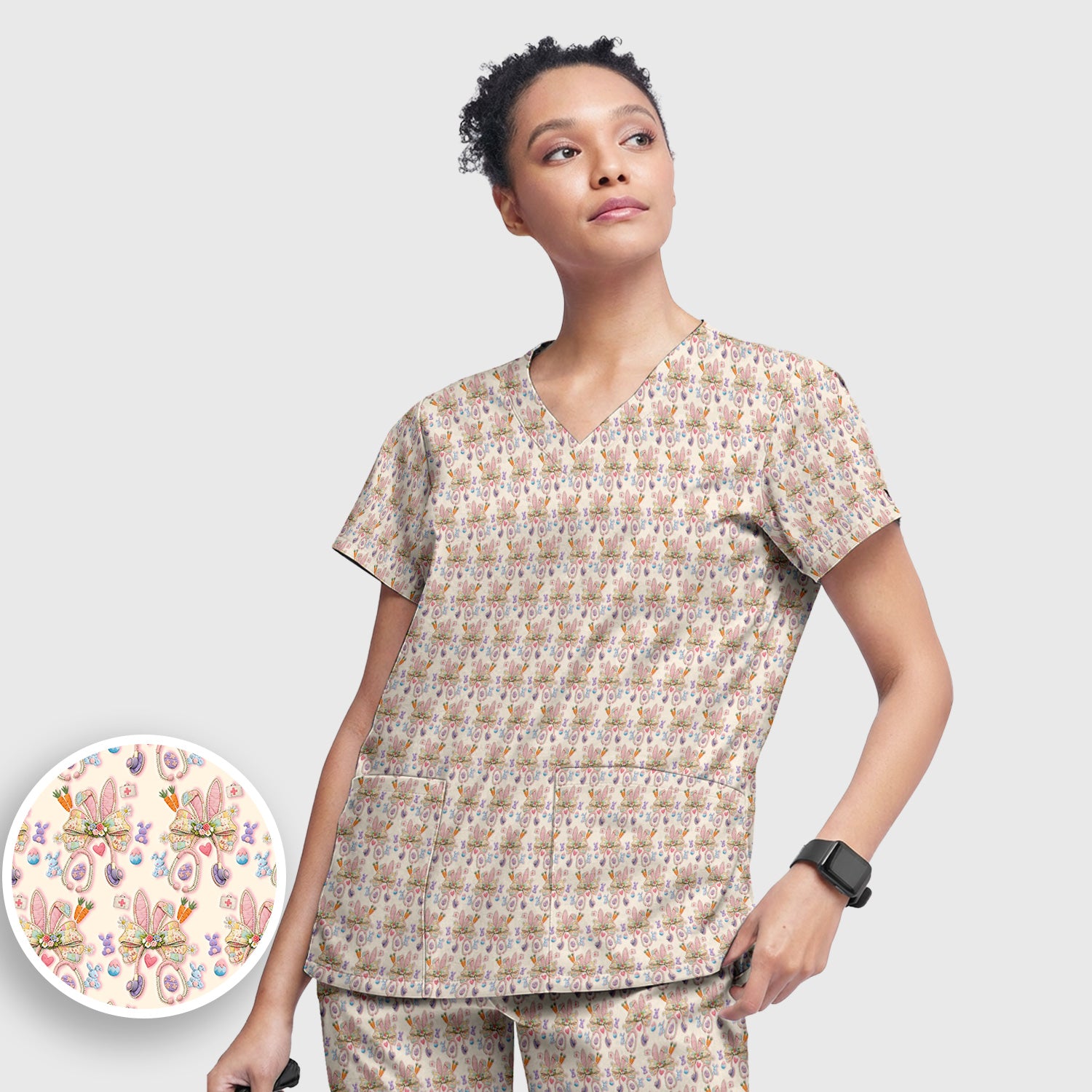 Easter Bunny Stethoscope Pastel Print Scrub Set, Scrub Pants and V Neck Top