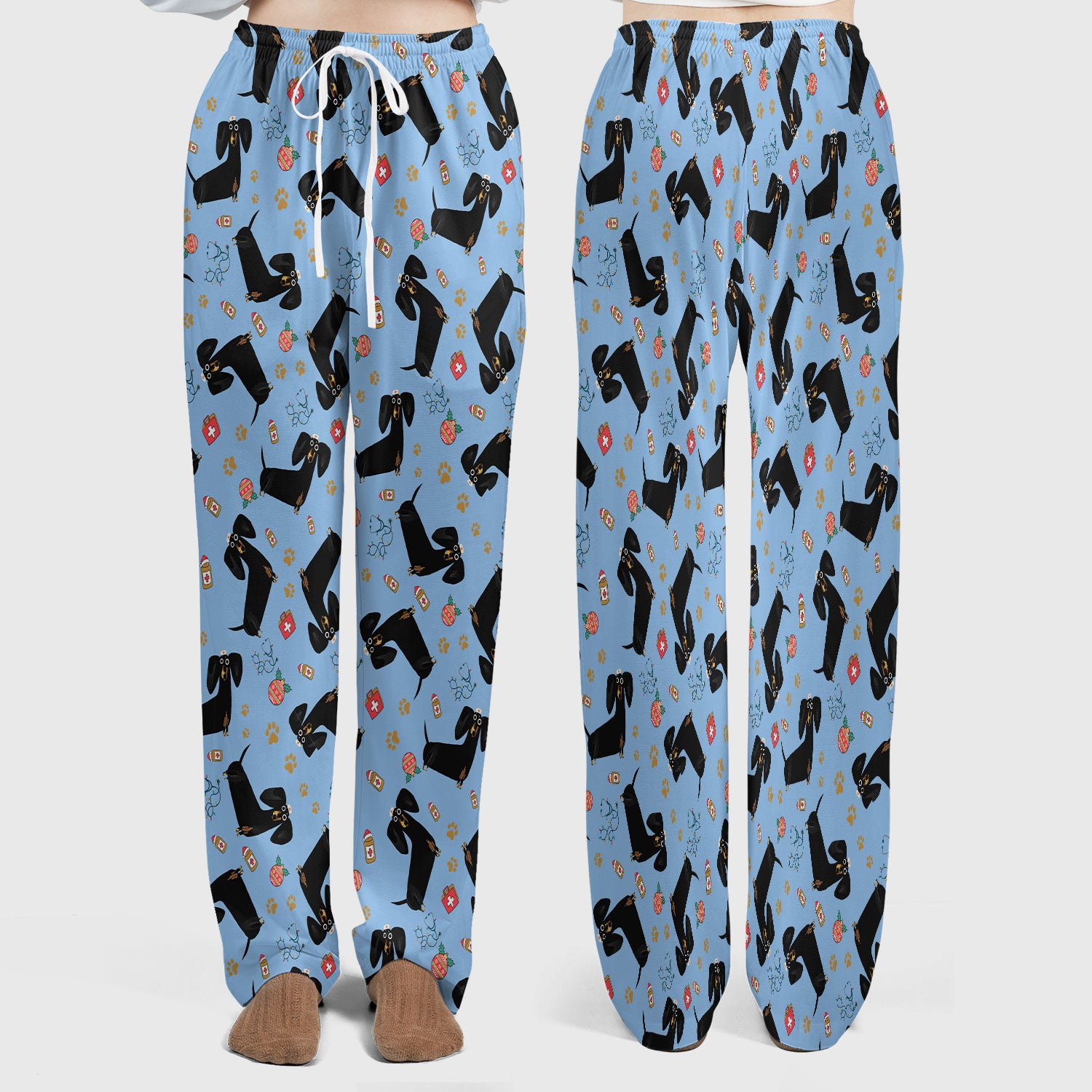 Funny Black Dachshund Scrub Set for Nurses - Cute Wiener Dog Scrubs Pants and V Neck Top - Puppy Lover Nursing Gift for Women