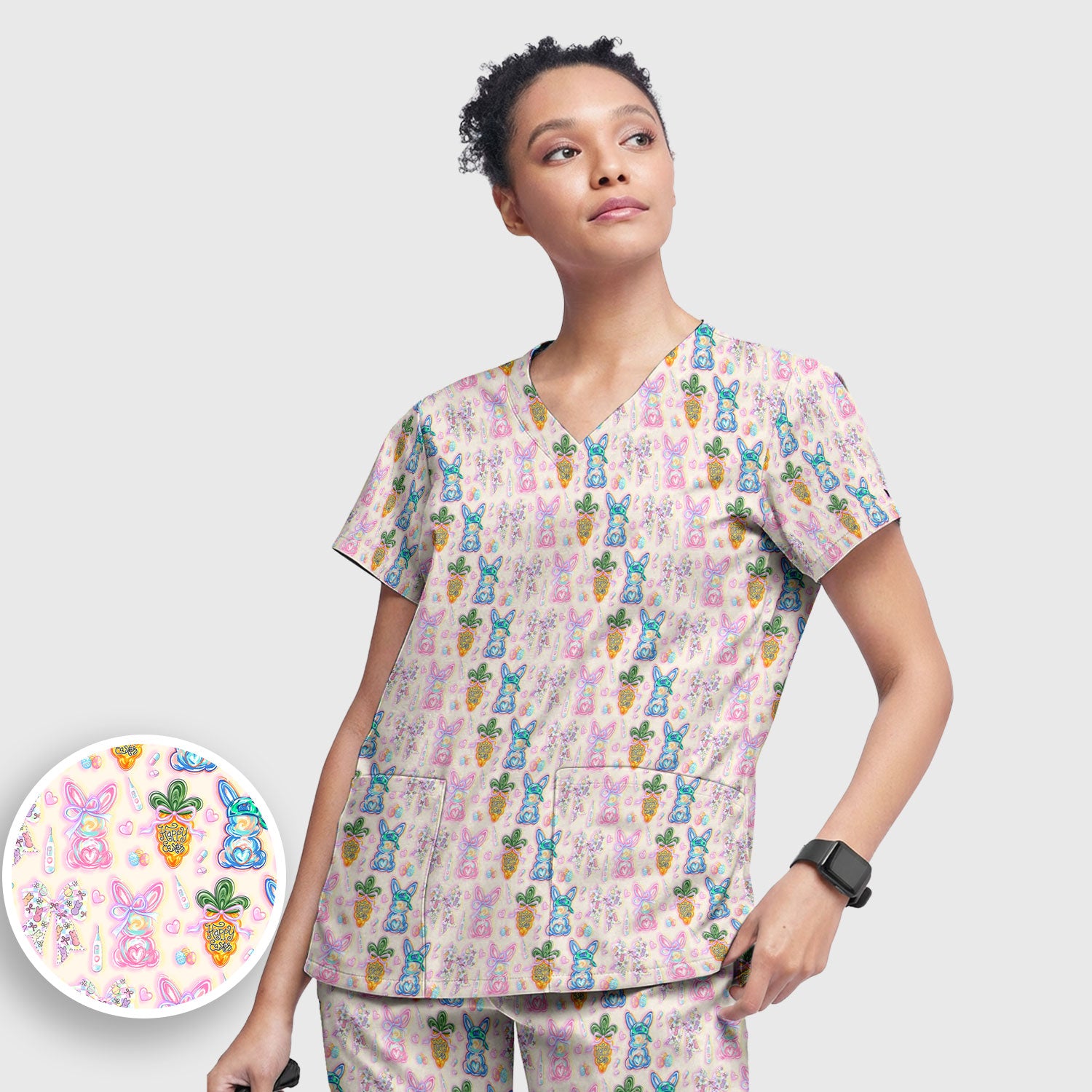 Easter Bunny Carrot Bow Floral Print Scrub Set, Breathable Med Uniform
