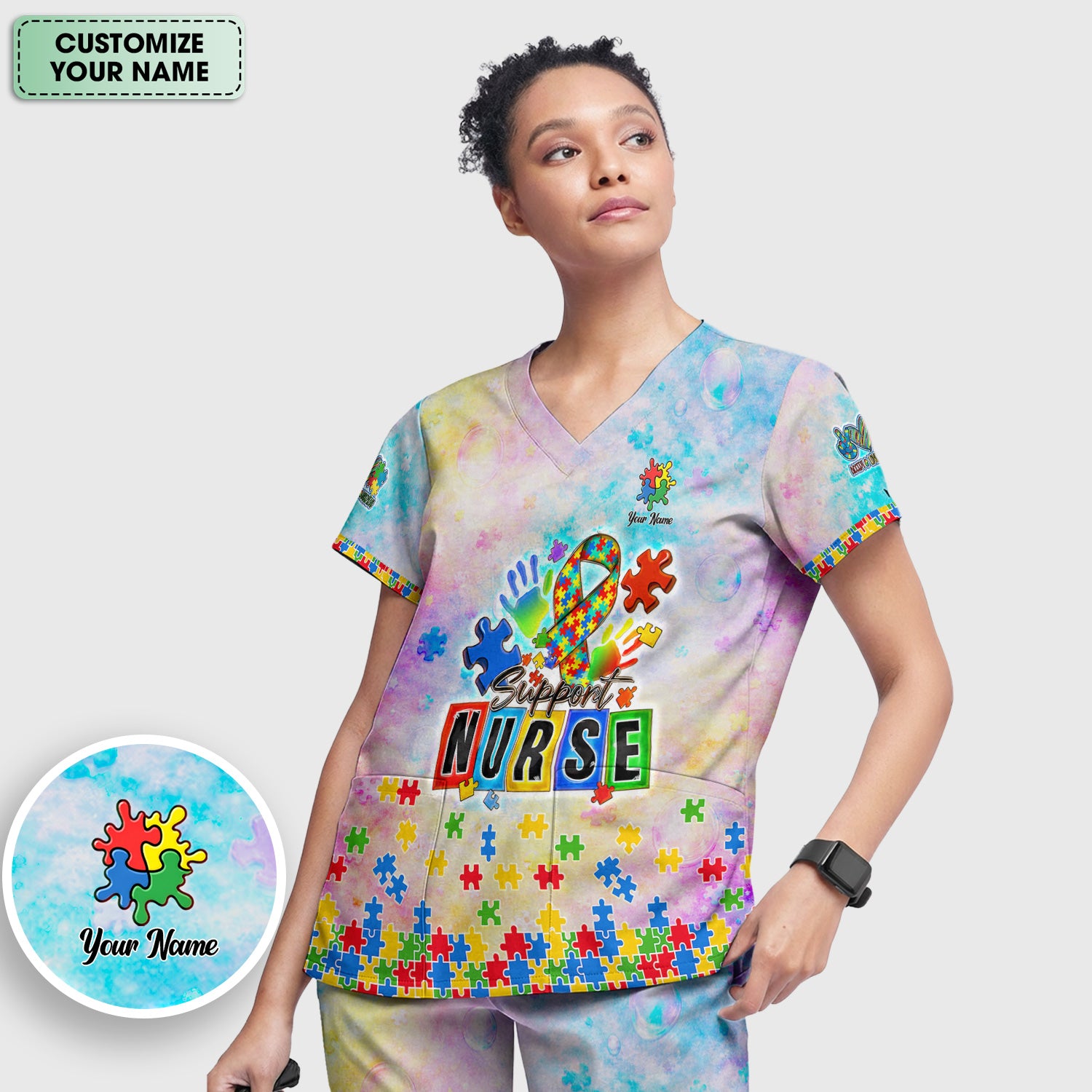 Personalized Inspirational Autism Awareness Nurse Puzzle Ribbon Pattern Scrub Set, Scrub Pants and V Neck Top