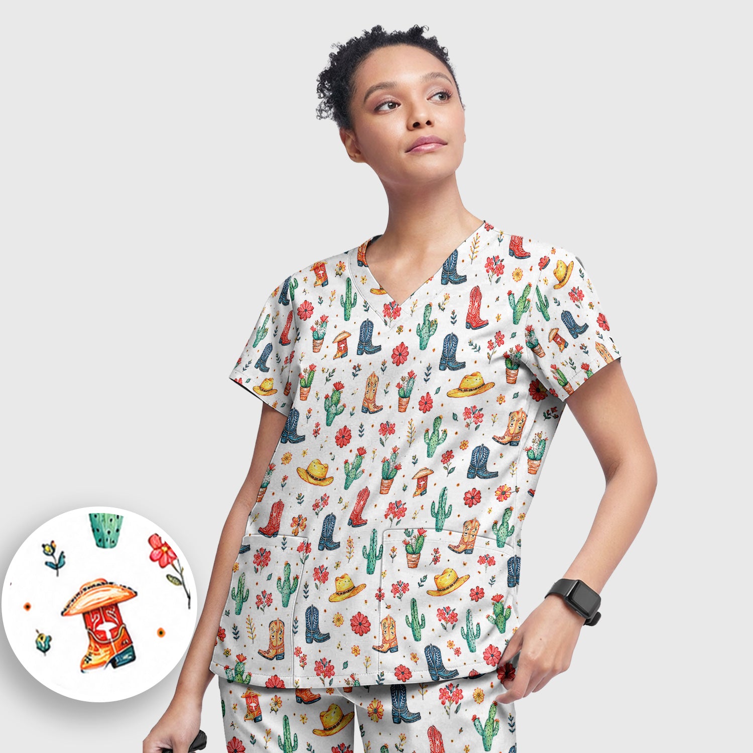 Whimsical Western Cactus Boots Pattern Scrub Set, Scrub Pants and V Neck Top