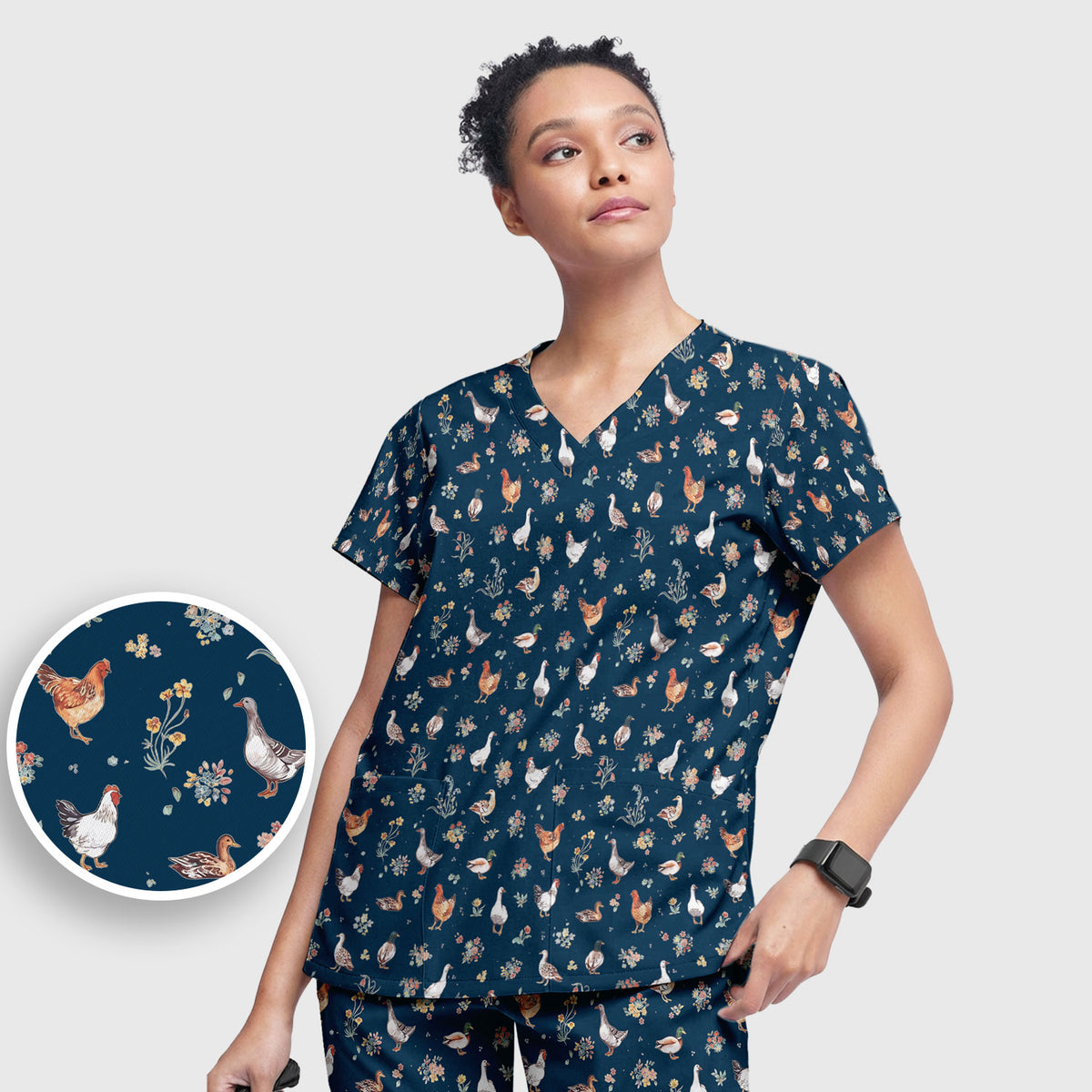Farm Chicken Duck Floral Pattern Scrubs Sets, Scrub Pants and V Neck Top