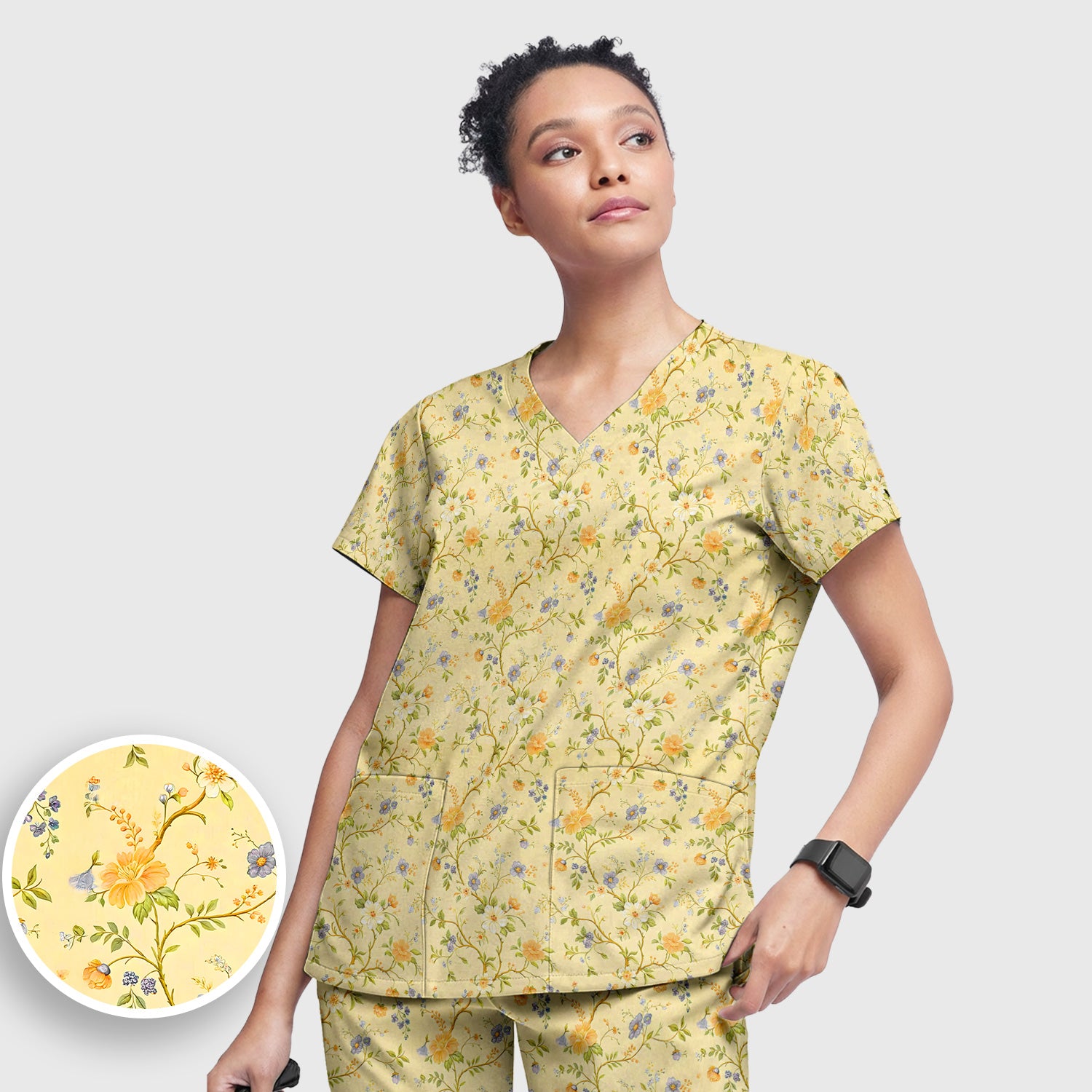 Sunny Wildflower Garden Floral Scrub Set, Scrub Pants and V Neck Top