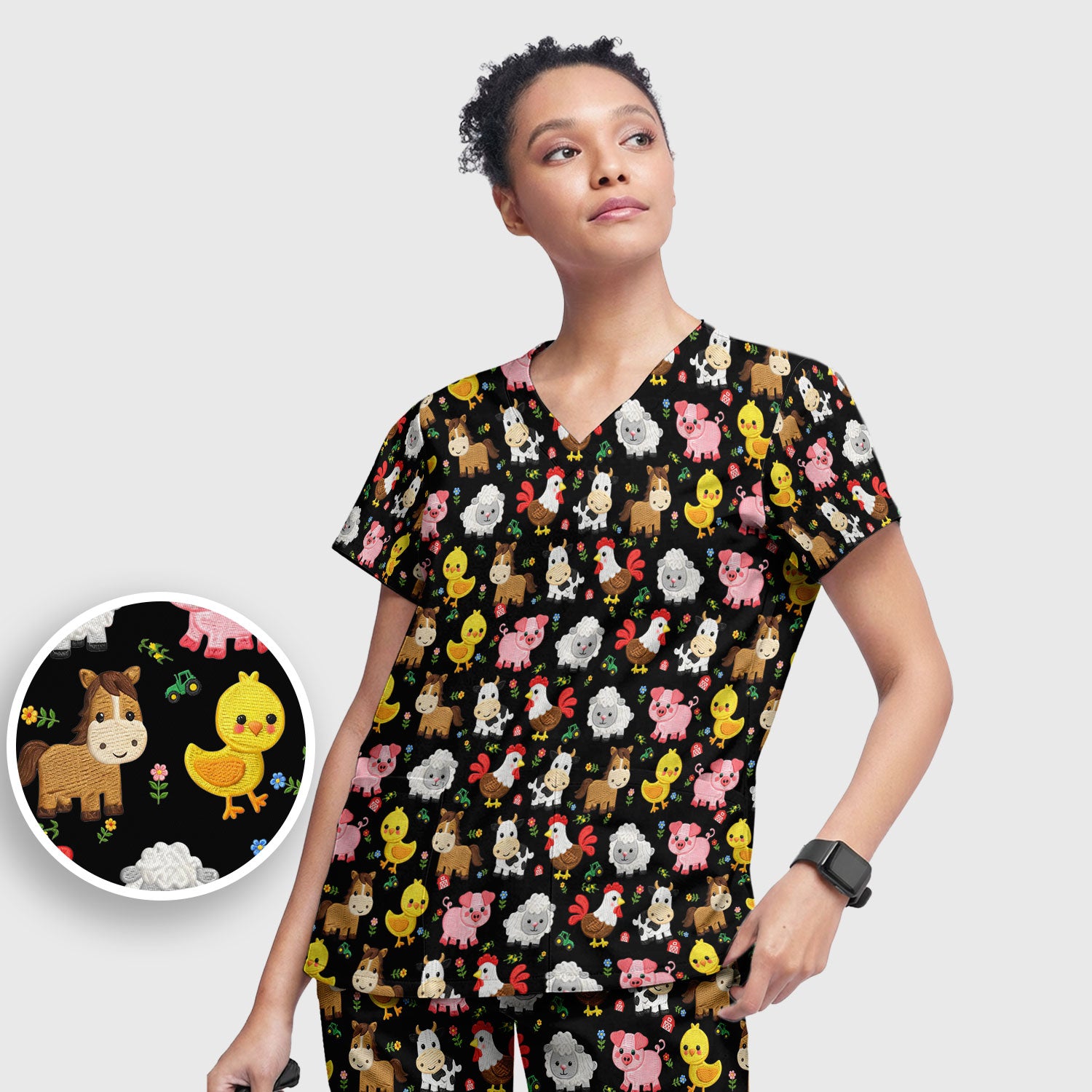 Cartoon Farm Animal Pattern Scrub Set, Breathable Med Uniform