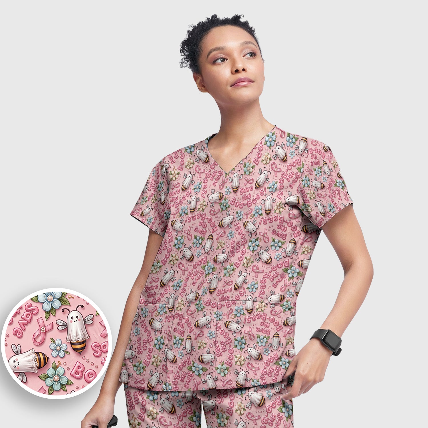 Save The Boo-Bees with Ribbon Scrub Set, Scrub Pants and V Neck Top