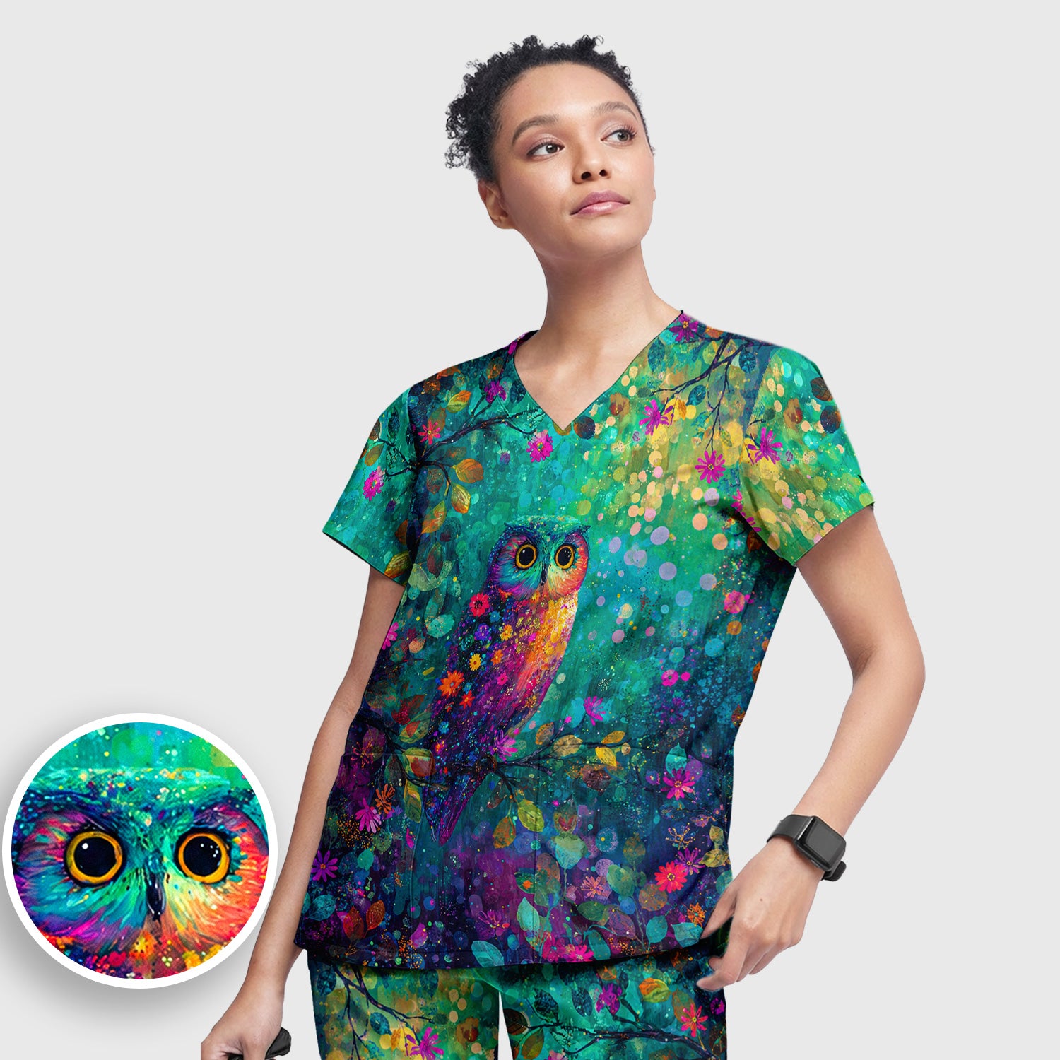 Vibrant Neon Owl Pattern, Colorful Forest Medical Scrub Set, Scrub Pants and V Neck Top
