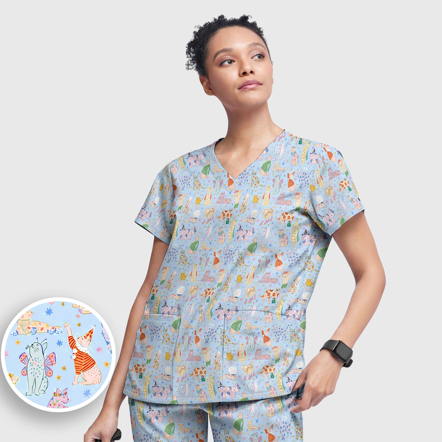 Cute Colorful Cats Pattern Scrub Set, Scrub Pants and V Neck Top
