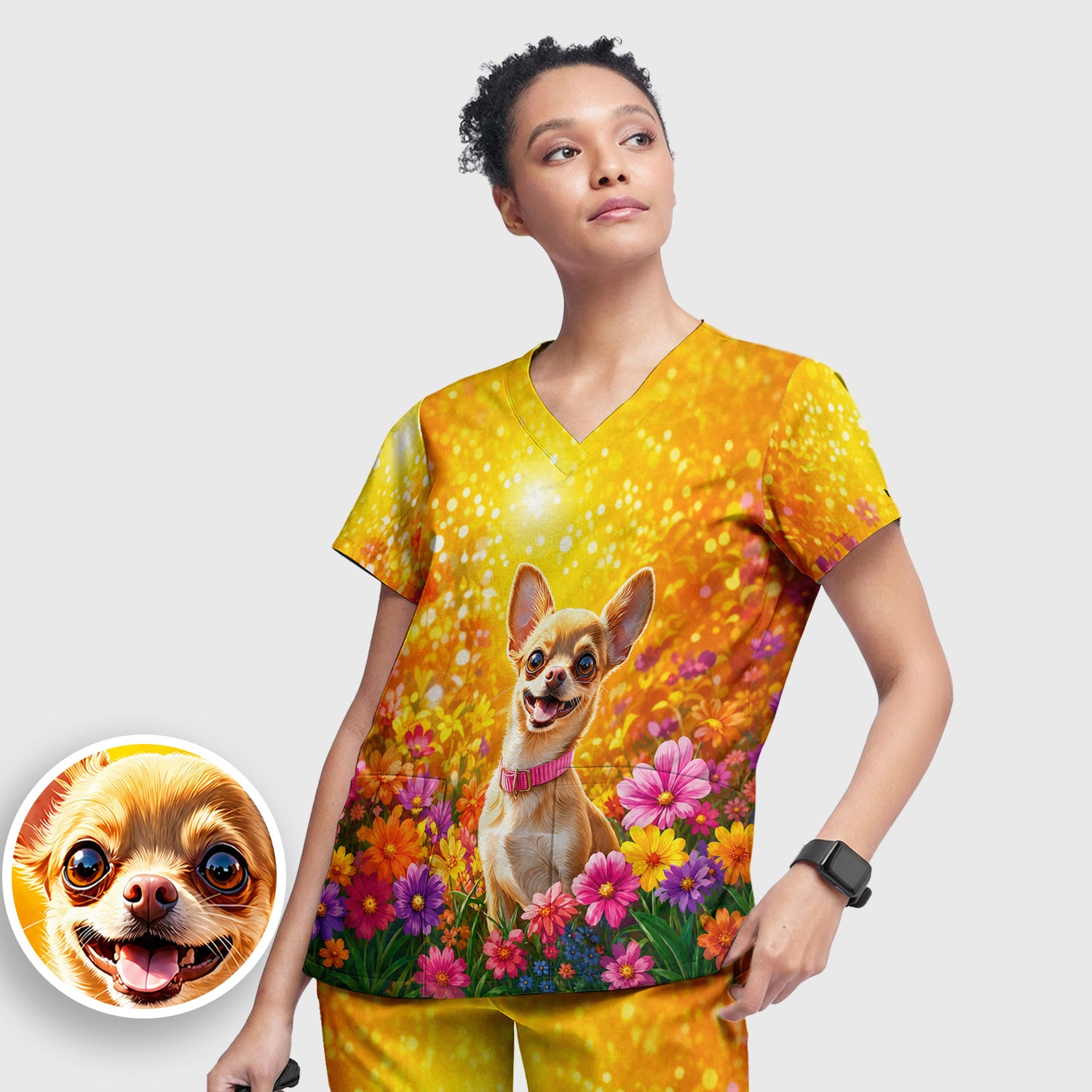Cute Chihuahua Flower Meadow Pattern Scrub Set, Scrub Pants and V Neck Top