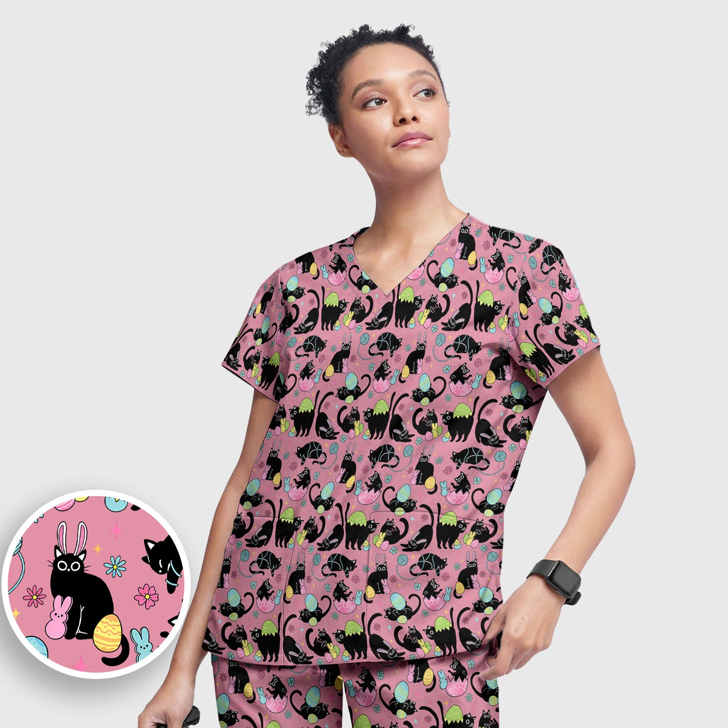 Funny Easter Black Cat Egg Pattern Scrub Set, Scrub Pants and V Neck Top