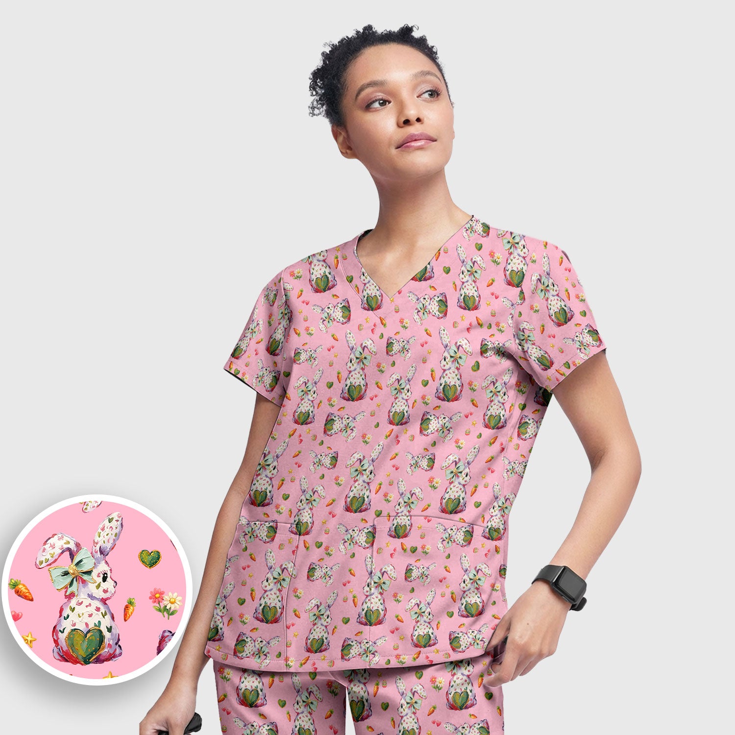 Cute Pastel Bunny Easter Pattern Scrub Set, Scrub Pants and V Neck Top